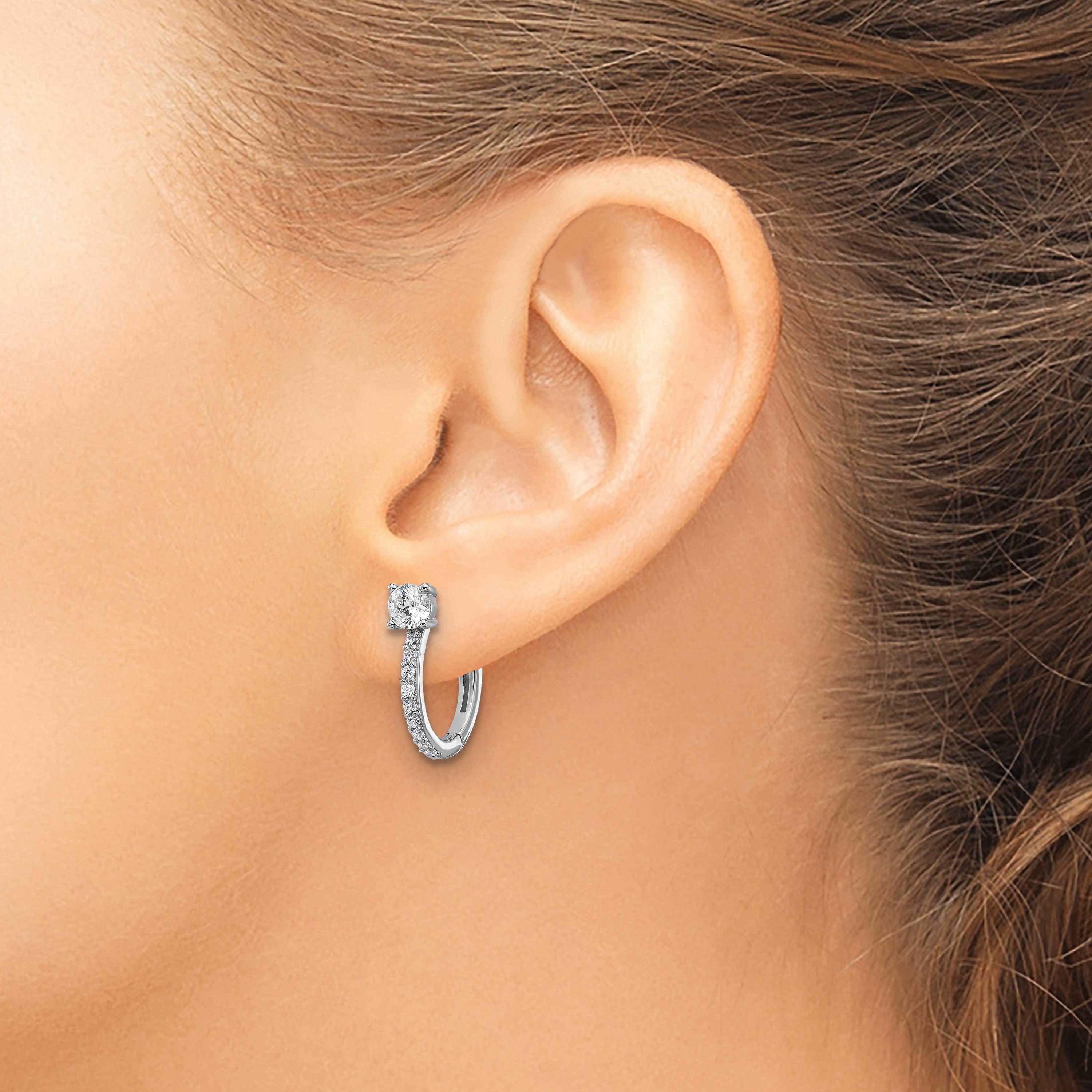 Cheryl M Sterling Silver Rhodium-plated Polished CZ Hinged Round Hoop Earrings