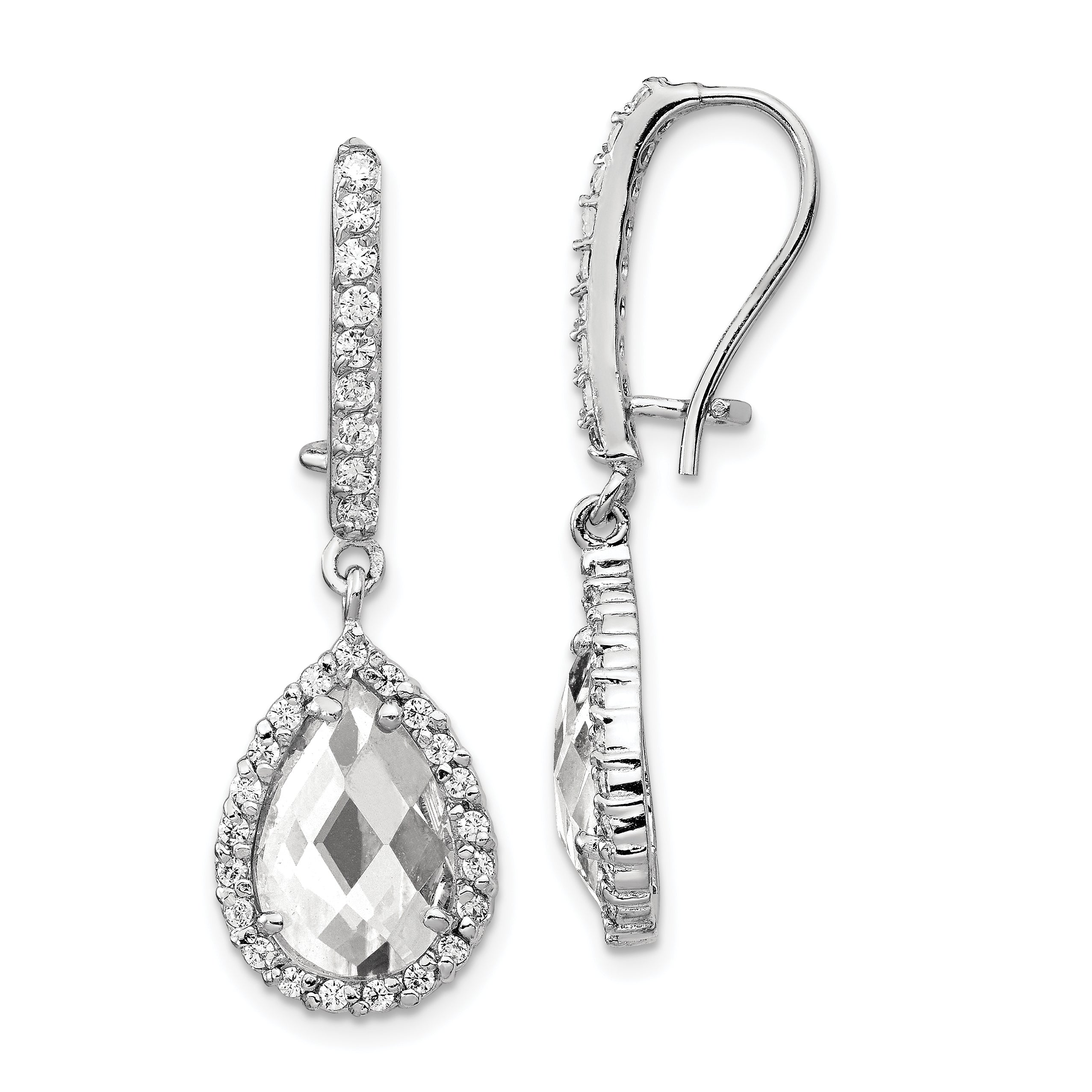Cheryl M Sterling Silver Rhodium-plated Checkerboard-cut Pear Shaped and Brilliant-cut CZ Halo Kidney Wire Dangle Earrings Main image