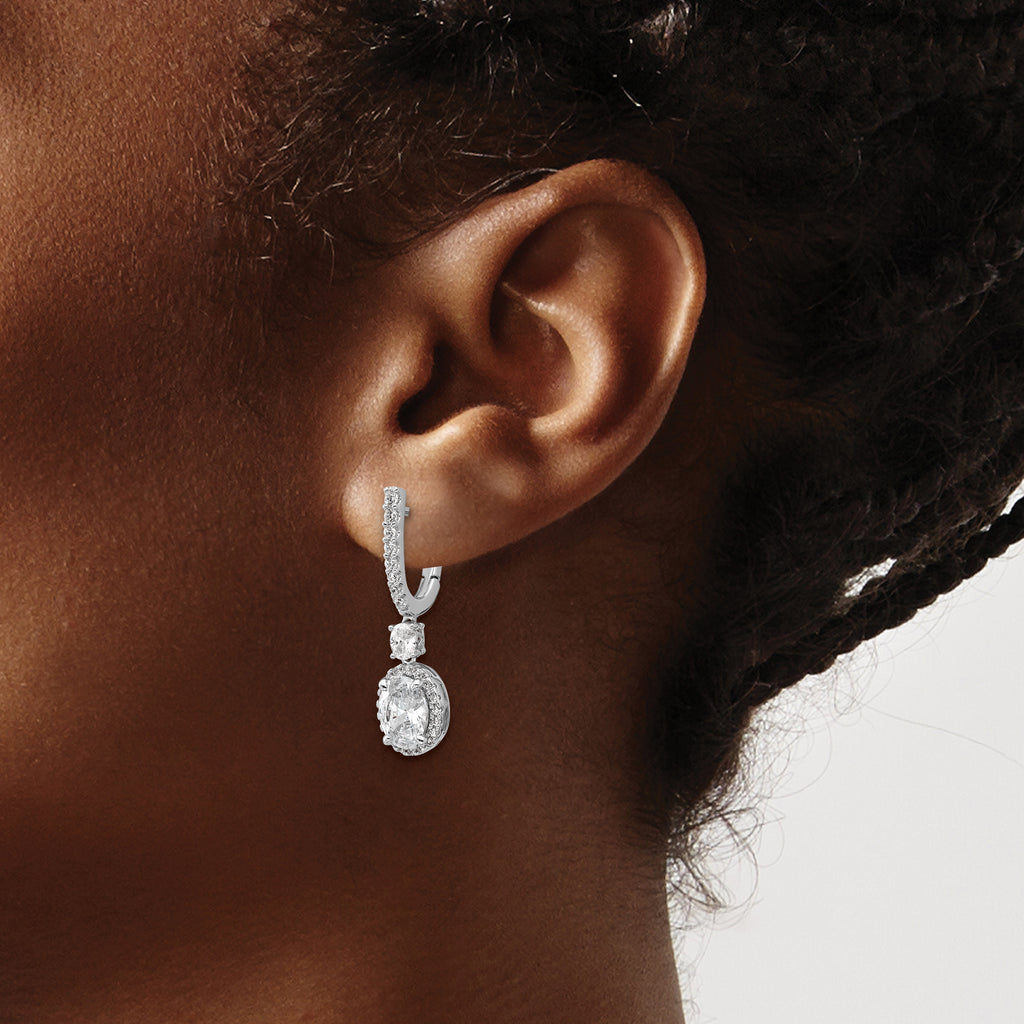 Cheryl M Sterling Silver Rhodium-plated Polished Fancy Oval CZ Halo Hinged Post Dangle Earrings