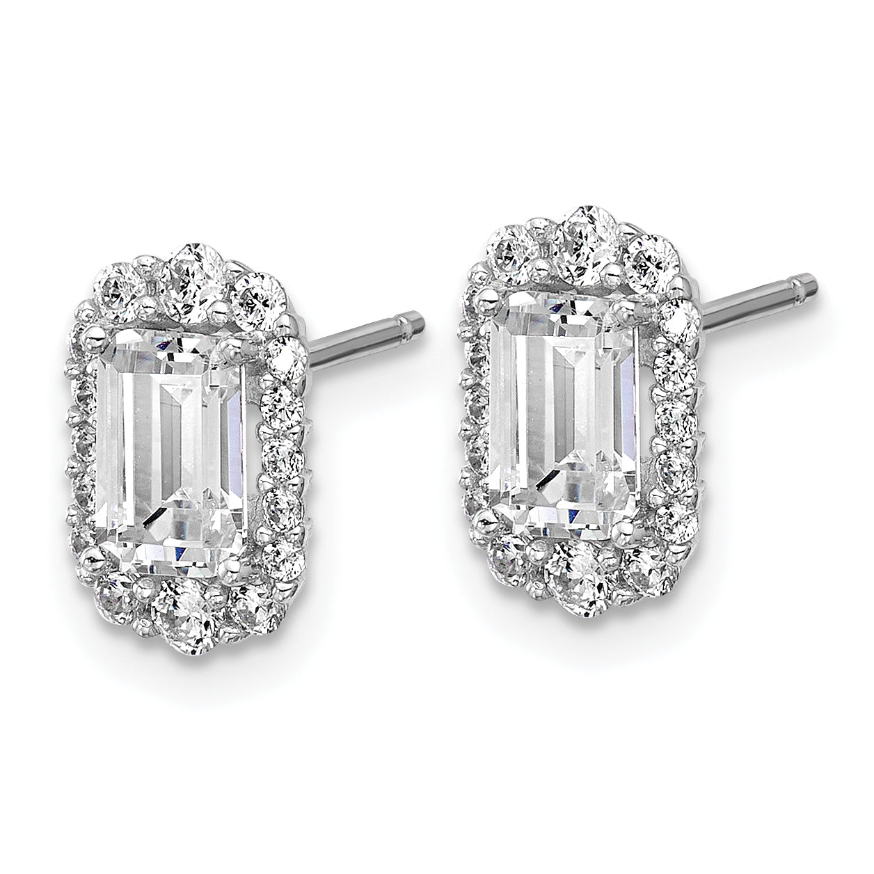 Cheryl M Sterling Silver Rhodium-plated Polished Emerald-cut CZ Halo Post Earrings Secondary image