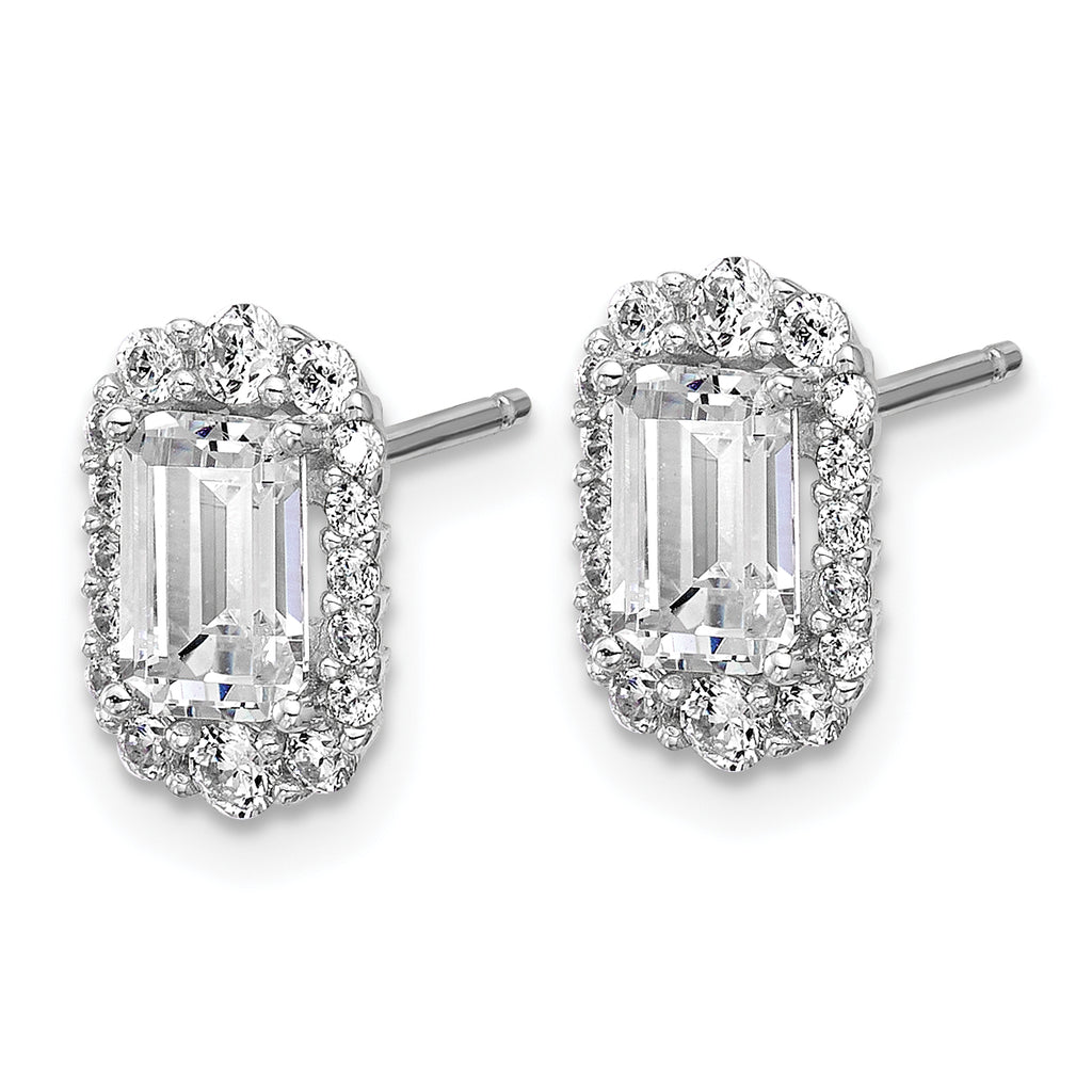 Cheryl M Sterling Silver Rhodium-plated Polished Emerald-cut CZ Halo Post Earrings