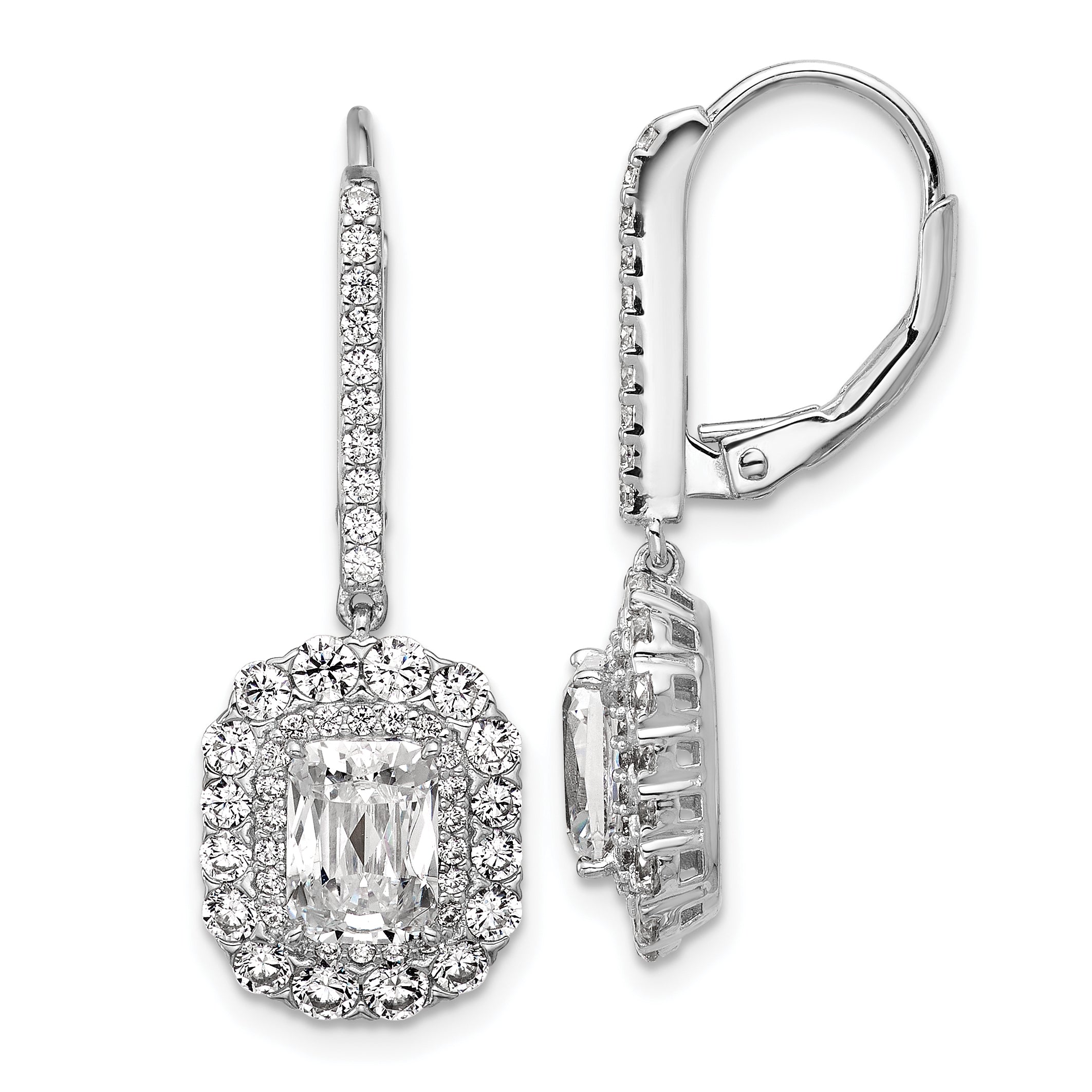 Cheryl M Sterling Silver Rhodium-plated Polished Fancy Emerald-cut CZ Halo Dangle Leverback Earrings Main image