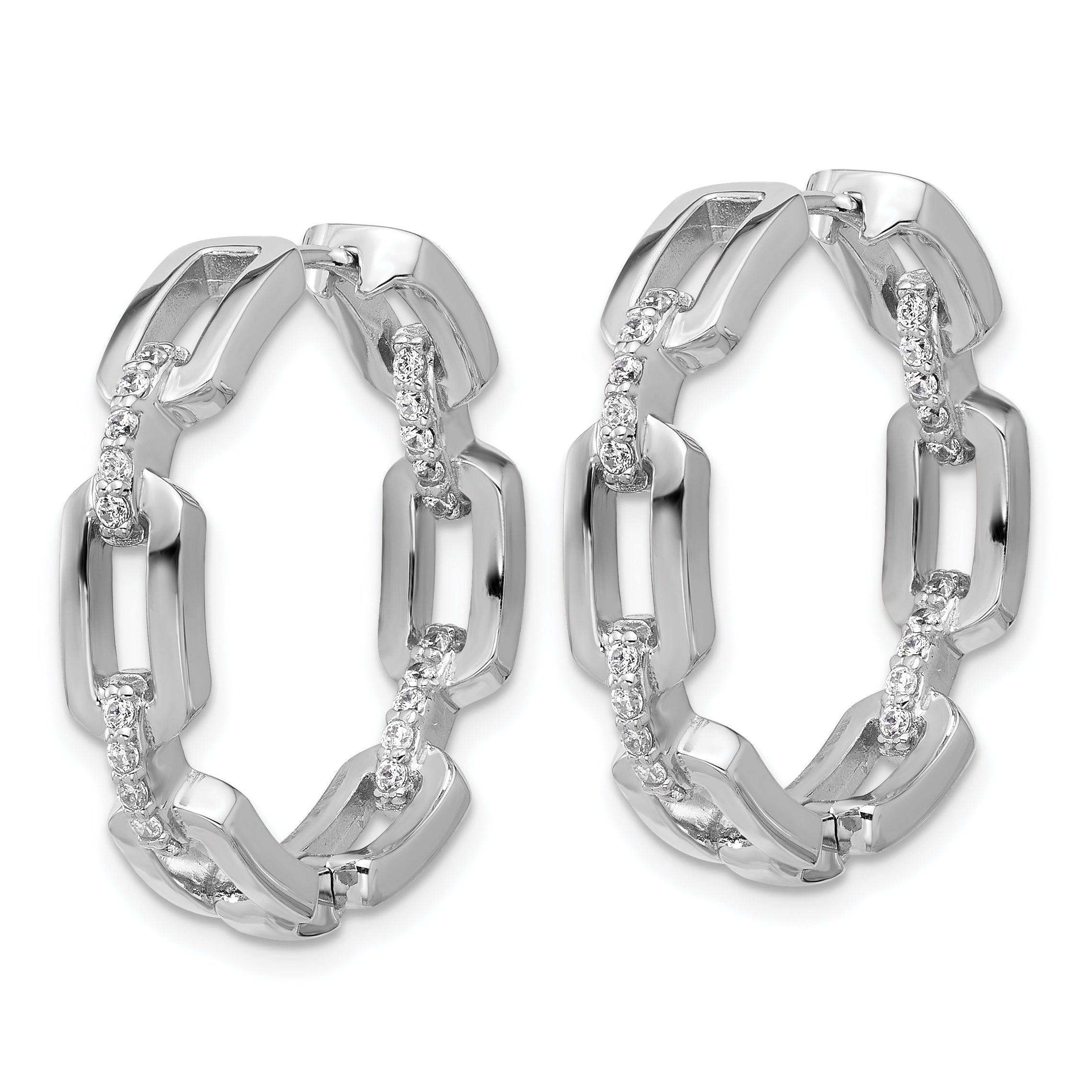 Cheryl M Sterling Silver Rhodium-plated Polished CZ Link In and Out Hinged Round Hoop Earrings Secondary image
