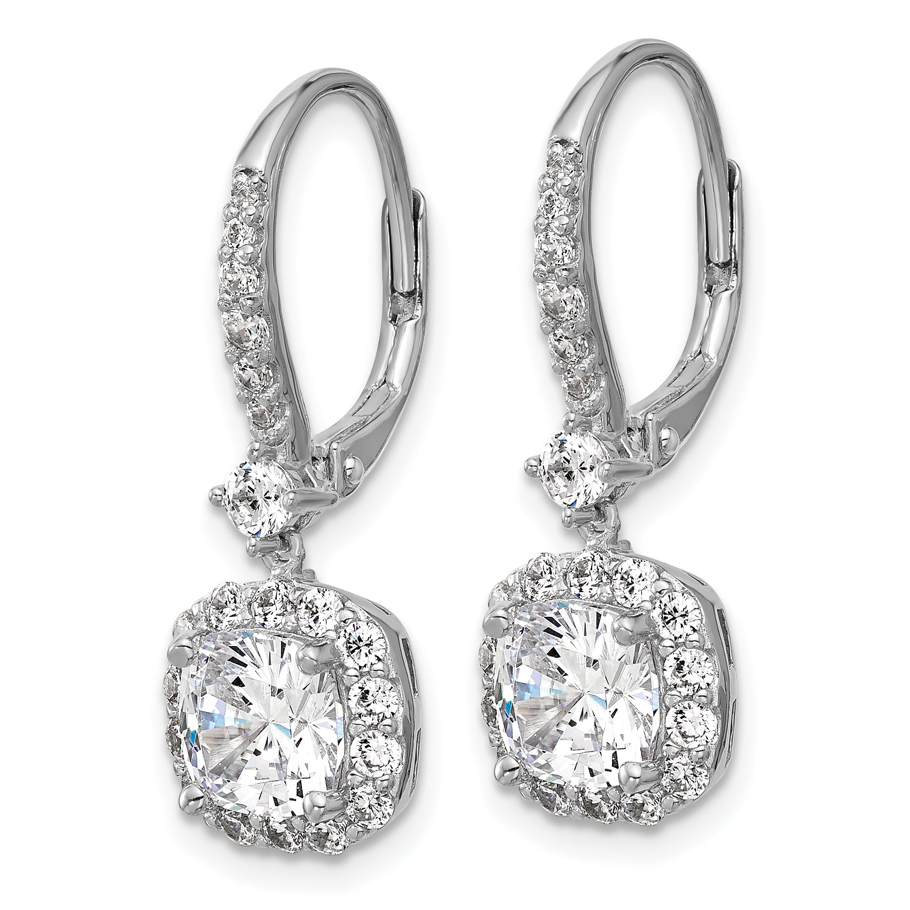 Cheryl M Sterling Silver Rhodium-plated Polished Cushion-cut CZ Halo Dangle Leverback Earrings Secondary image