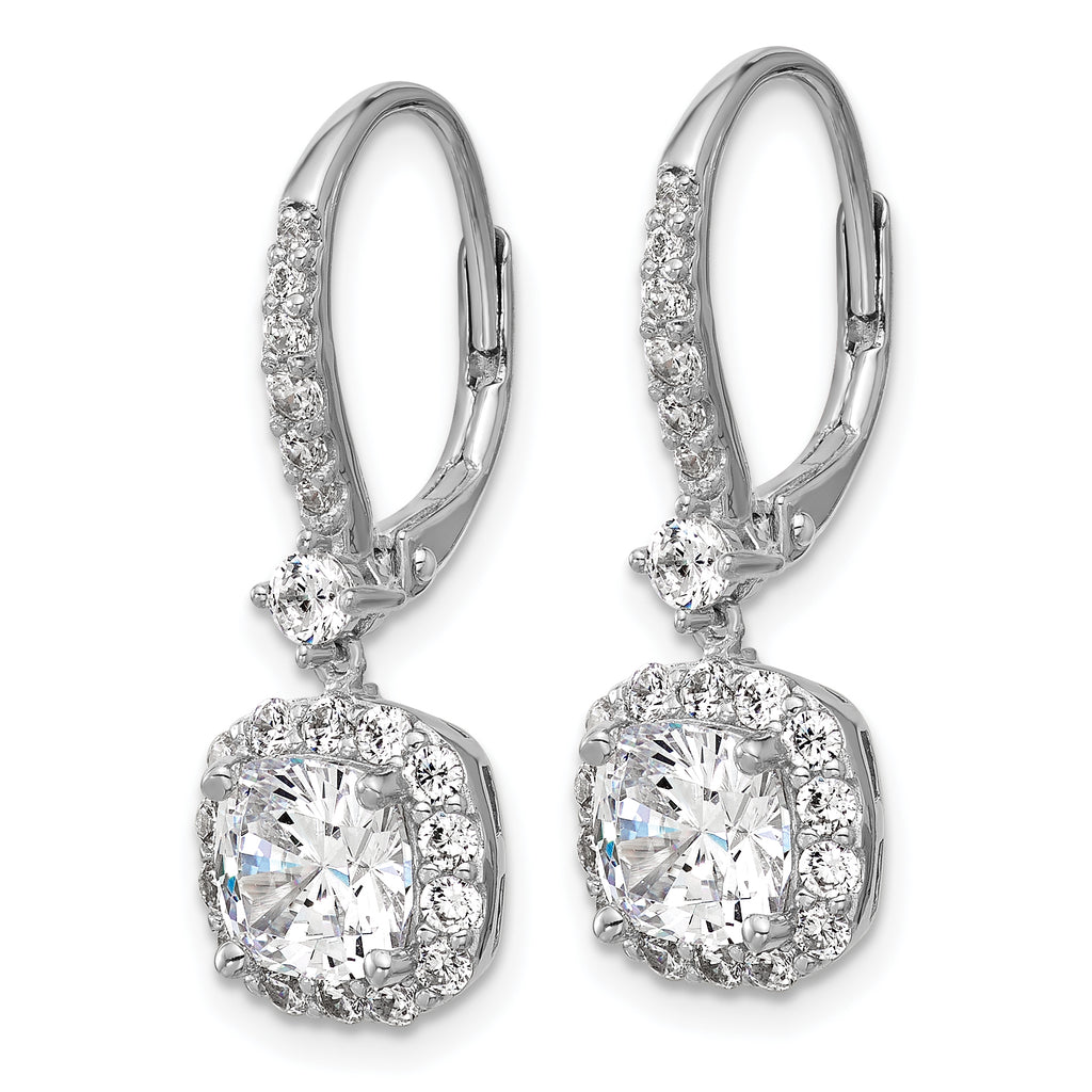 Cheryl M Sterling Silver Rhodium-plated Polished Cushion-cut CZ Halo Dangle Leverback Earrings