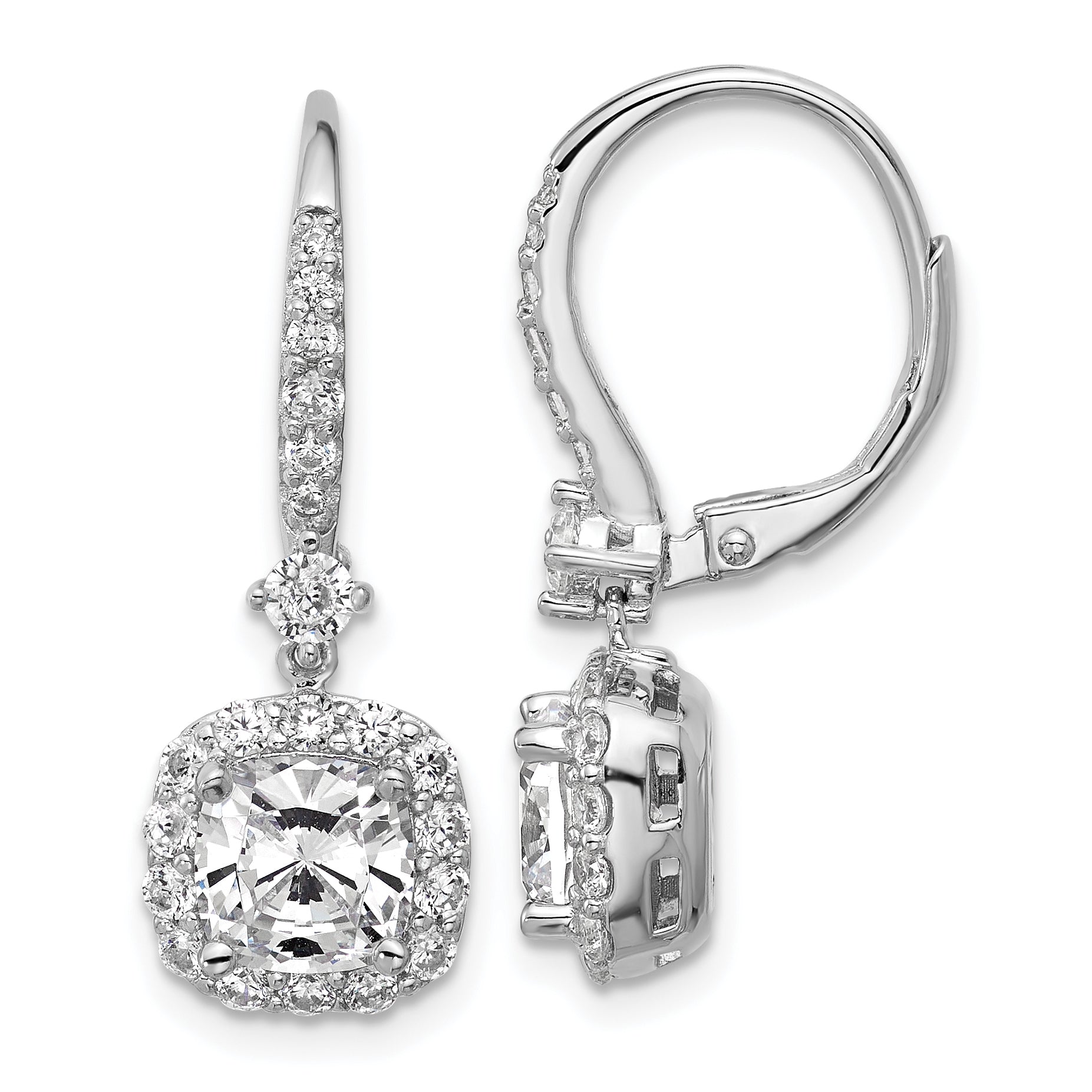Cheryl M Sterling Silver Rhodium-plated Polished Cushion-cut CZ Halo Dangle Leverback Earrings Main image