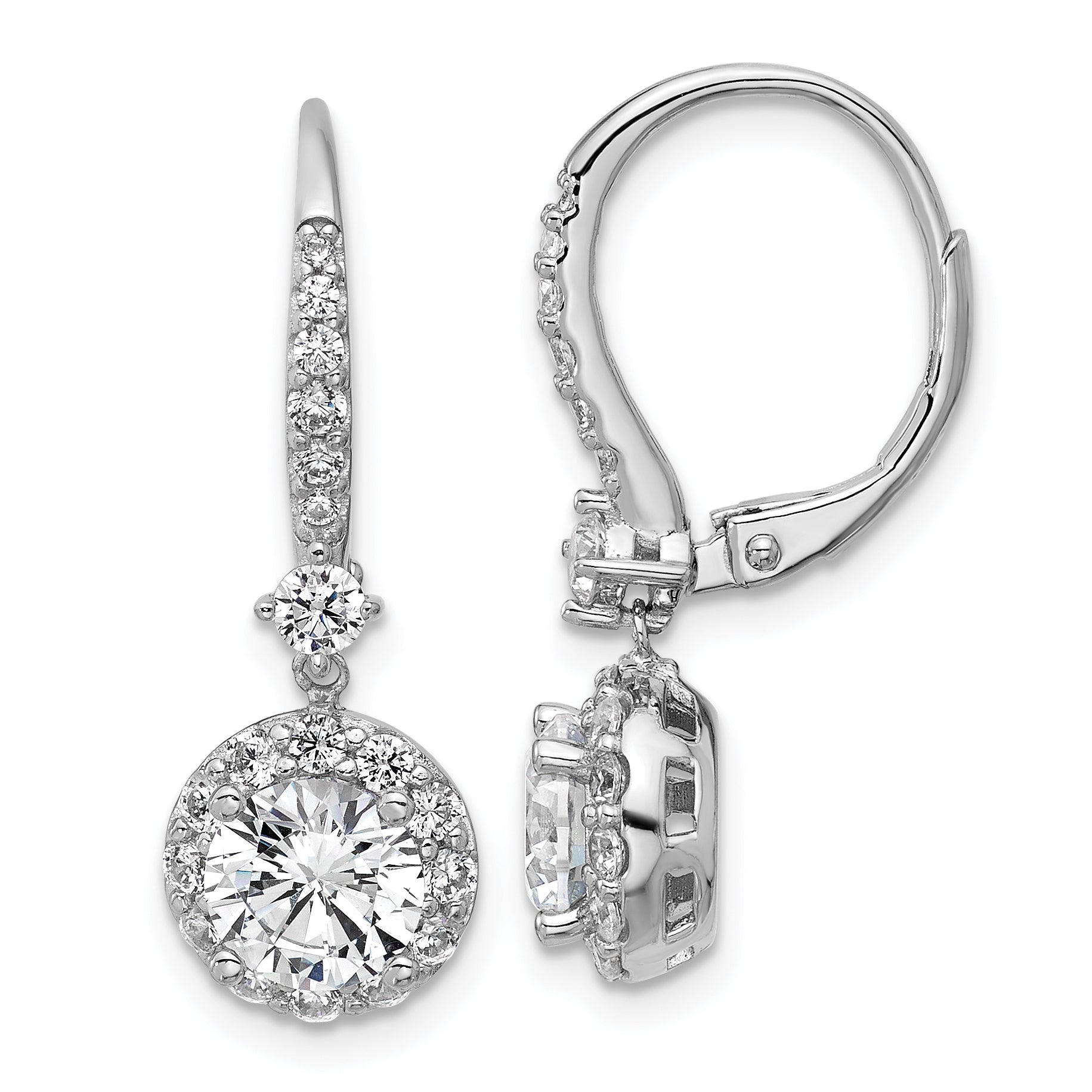 Cheryl M Sterling Silver Rhodium-plated Polished Round CZ Halo Leverback Dangle Earrings Main image