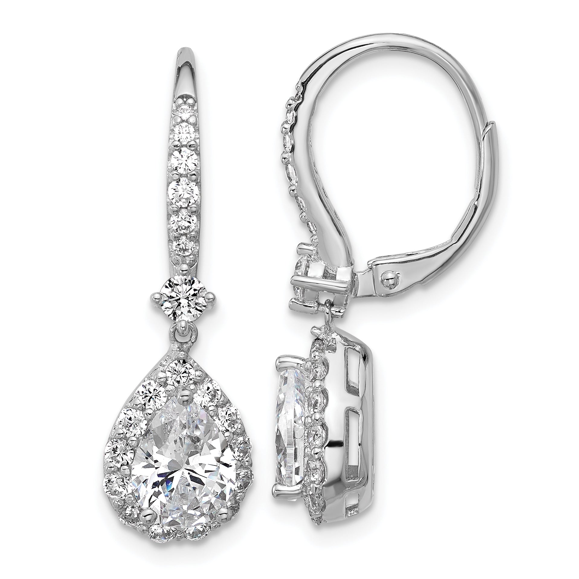 Cheryl M Sterling Silver Rhodium-plated Polished Pear CZ Halo Leverback Dangle Earrings Main image