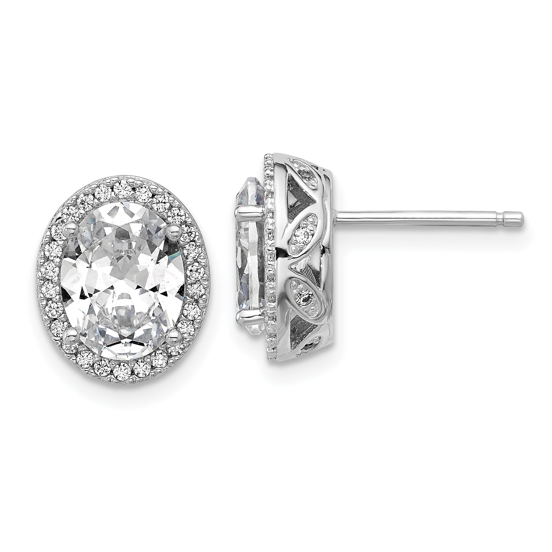 Cheryl M Sterling Silver Rhodium-plated Polished Fancy Oval CZ Halo Post Earrings Main image
