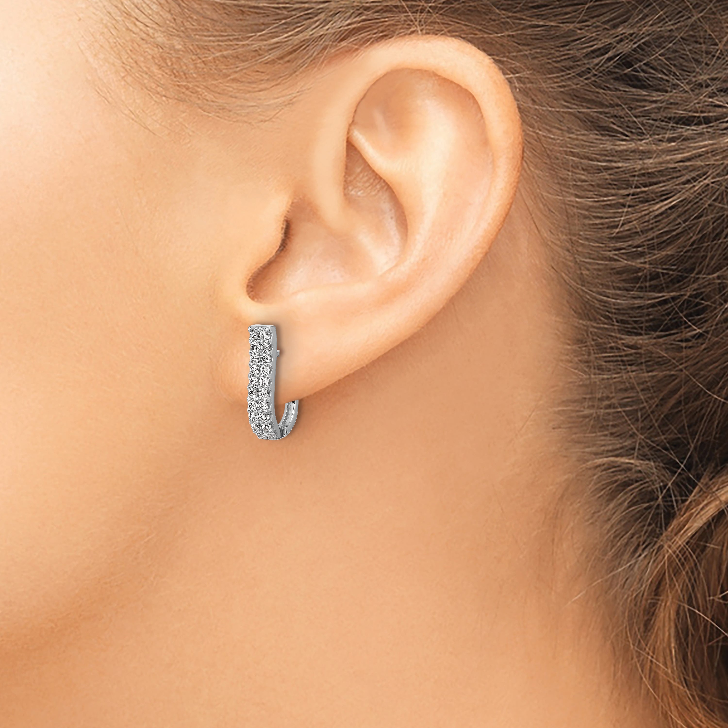 Cheryl M Sterling Silver Rhodium-plated Polished 2-Row CZ Hinged Hoop Earrings