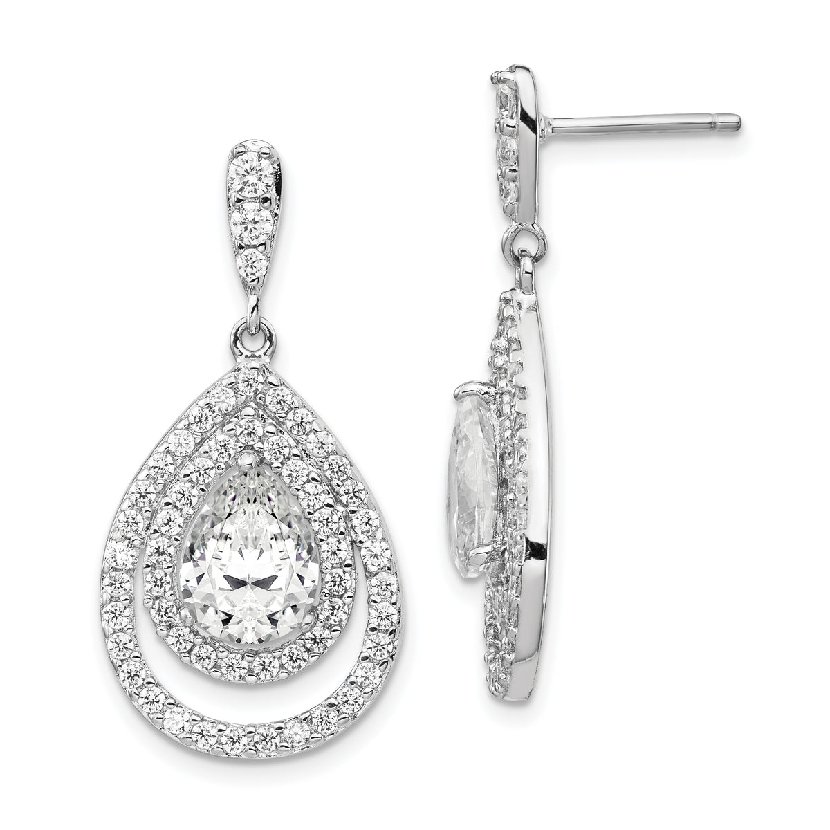 Cheryl M Sterling Silver Rhodium-plated Brilliant-cut Pear Shaped CZ Double Halo Post Dangle Earrings