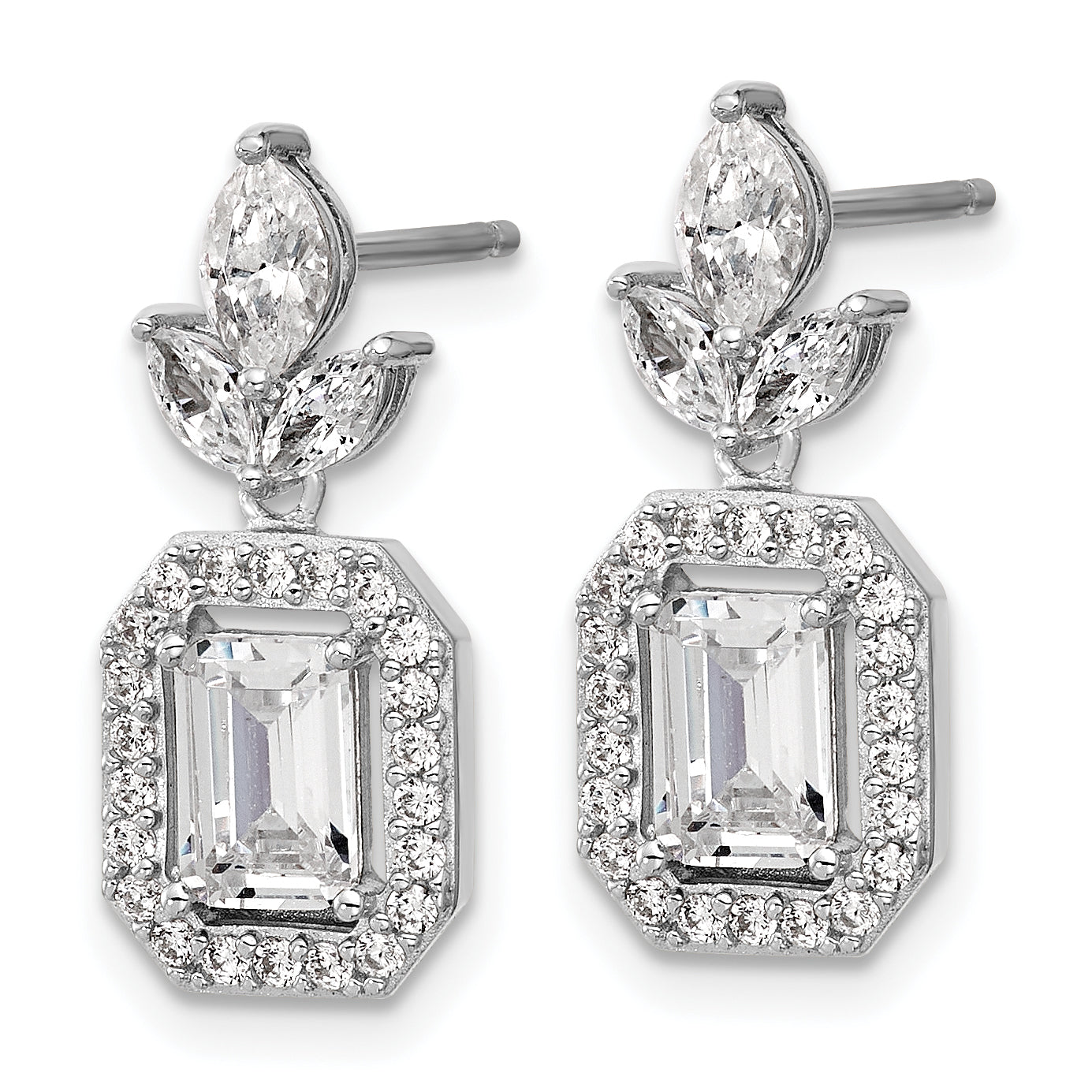 Cheryl M Sterling Silver Rhodium-plated Polished Fancy Emerald-cut CZ Halo Post Dangle Earrings Secondary image