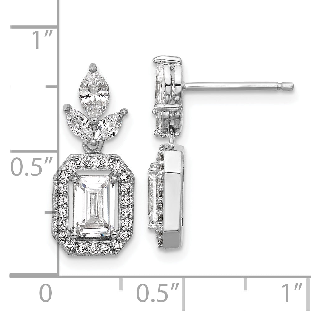 Cheryl M Sterling Silver Rhodium-plated Polished Fancy Emerald-cut CZ Halo Post Dangle Earrings