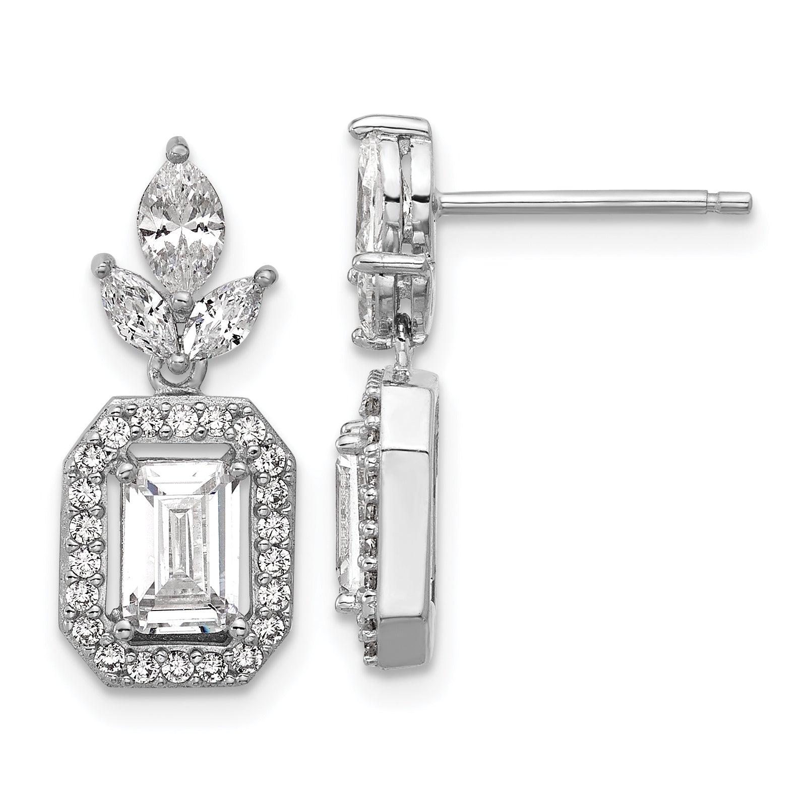 Cheryl M Sterling Silver Rhodium-plated Polished Fancy Emerald-cut CZ Halo Post Dangle Earrings Main image
