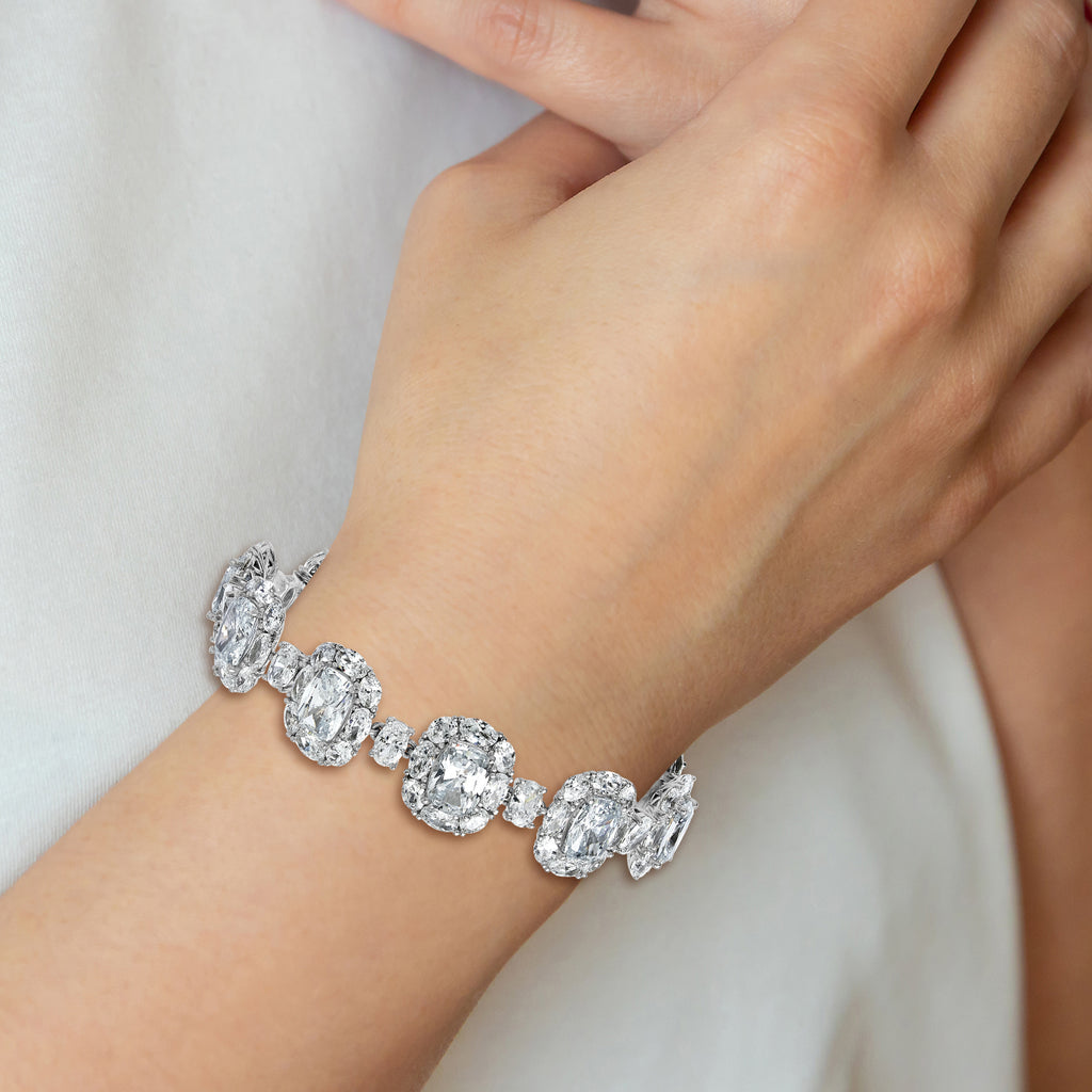 Cheryl M Sterling Silver Rhodium-plated Polished Fancy Cushion-cut CZ Halo Cluster with Safety Chain Bracelet