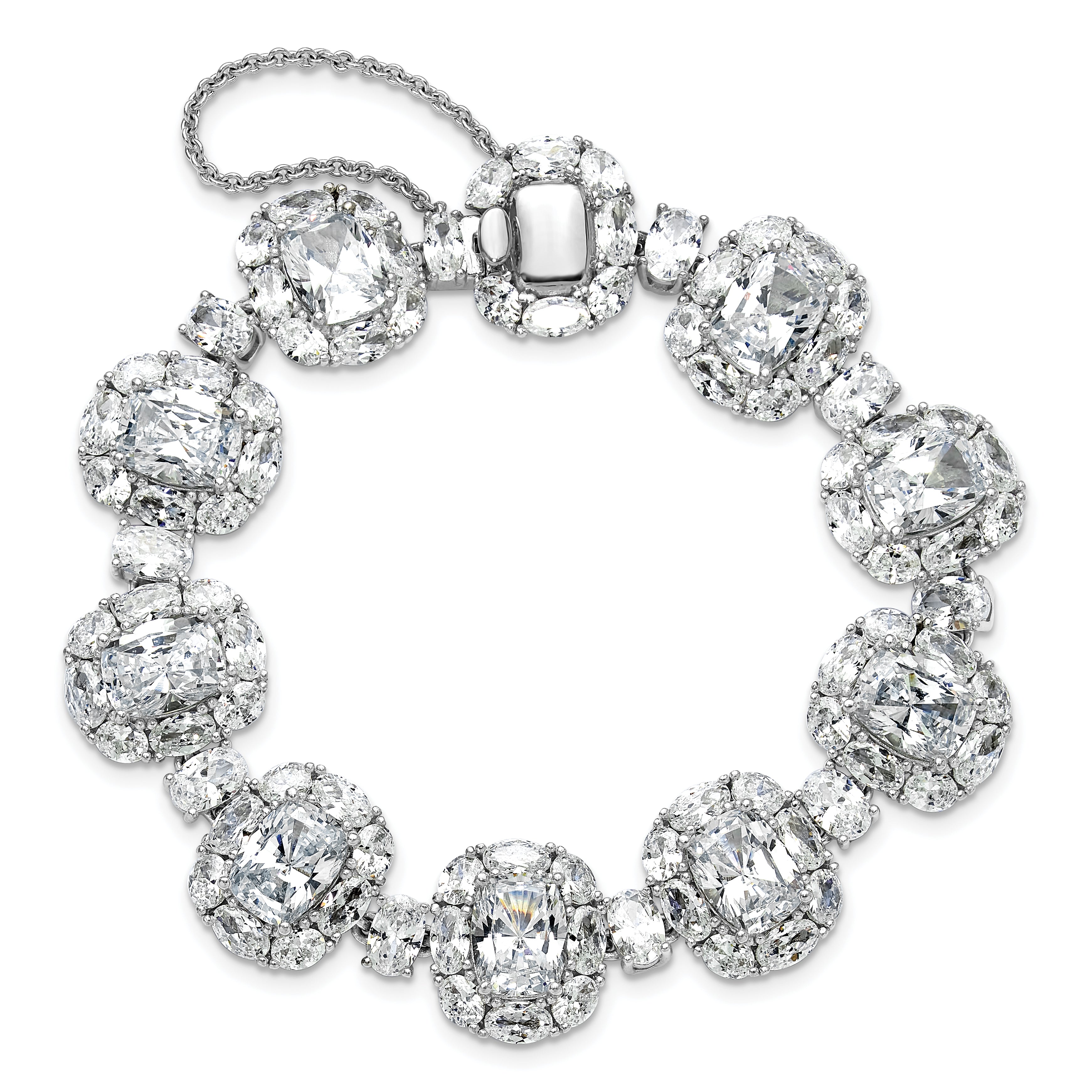 Cheryl M Sterling Silver Rhodium-plated Polished Fancy Cushion-cut CZ Halo Cluster with Safety Chain Bracelet