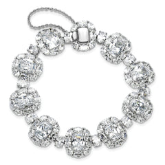 Cheryl M Sterling Silver Rhodium-plated Polished Fancy Cushion-cut CZ Halo Cluster with Safety Chain Bracelet