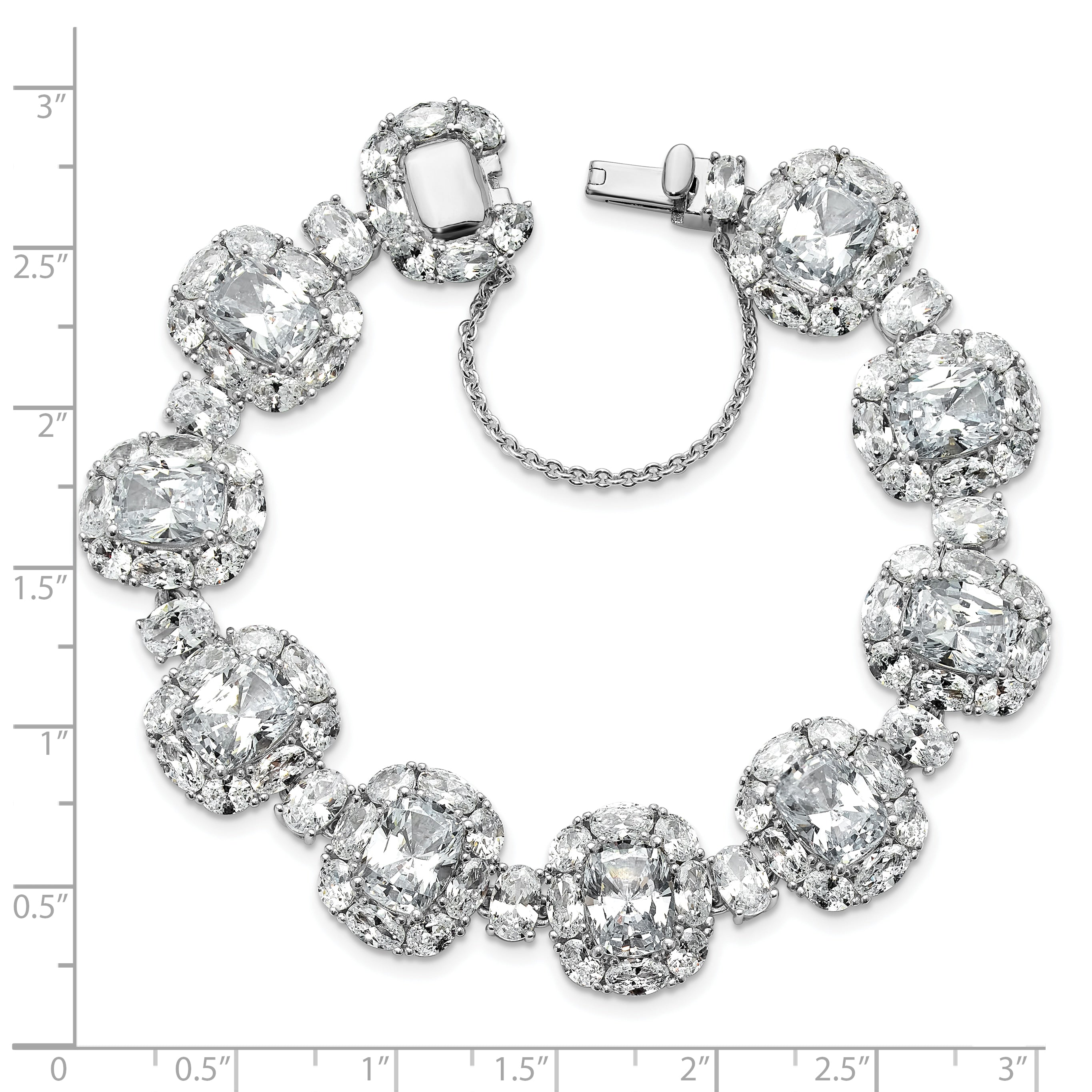 Cheryl M Sterling Silver Rhodium-plated Polished Fancy Cushion-cut CZ Halo Cluster with Safety Chain Bracelet