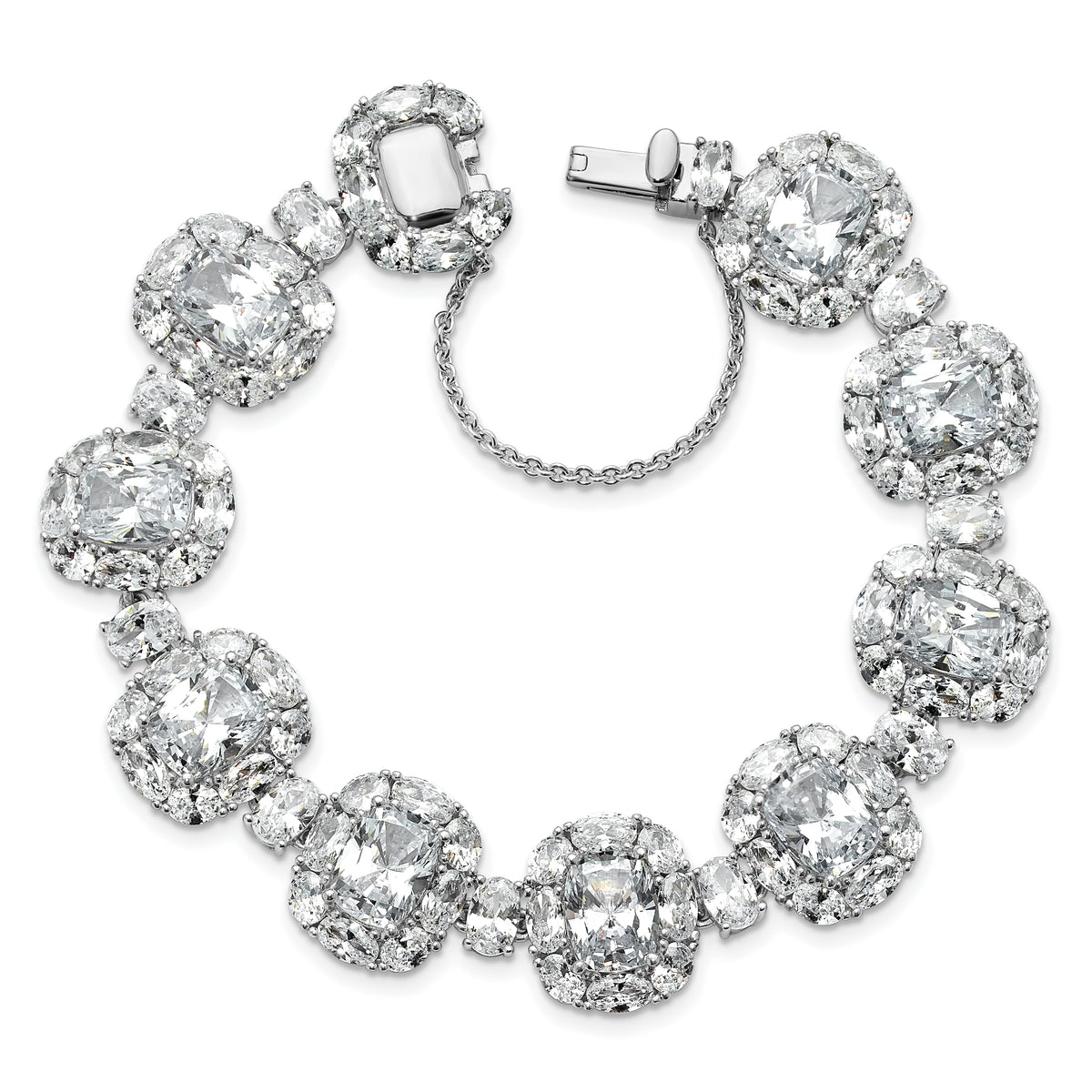 Cheryl M Sterling Silver Rhodium-plated Polished Fancy Cushion-cut CZ Halo Cluster with Safety Chain Bracelet