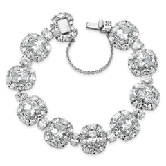 Cheryl M Sterling Silver Rhodium-plated Polished Fancy Cushion-cut CZ Halo Cluster with Safety Chain Bracelet