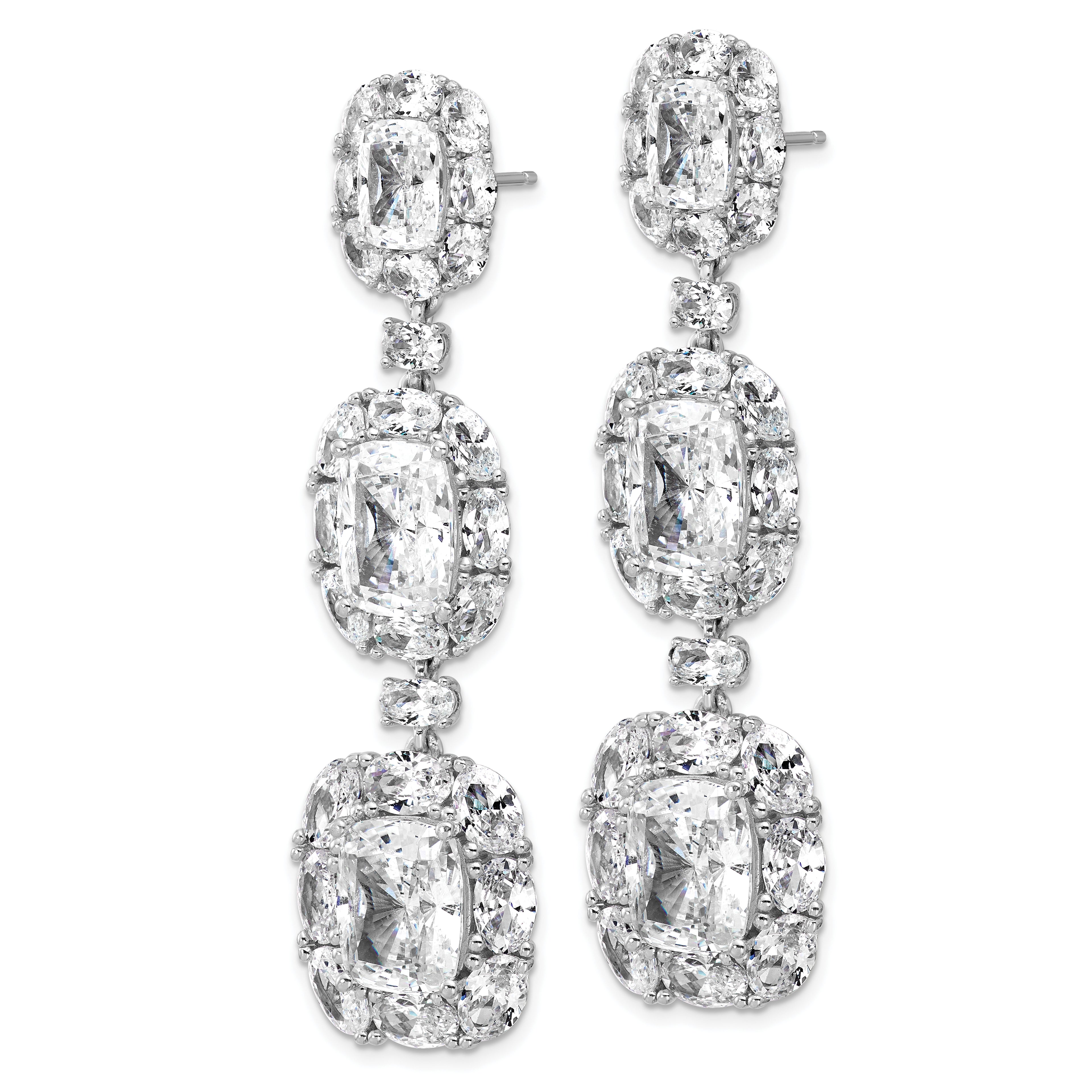 Cheryl M Sterling Silver Rhodium-plated Polished Fancy Cushion-cut CZ Halo Cluster Post Dangle Earrings