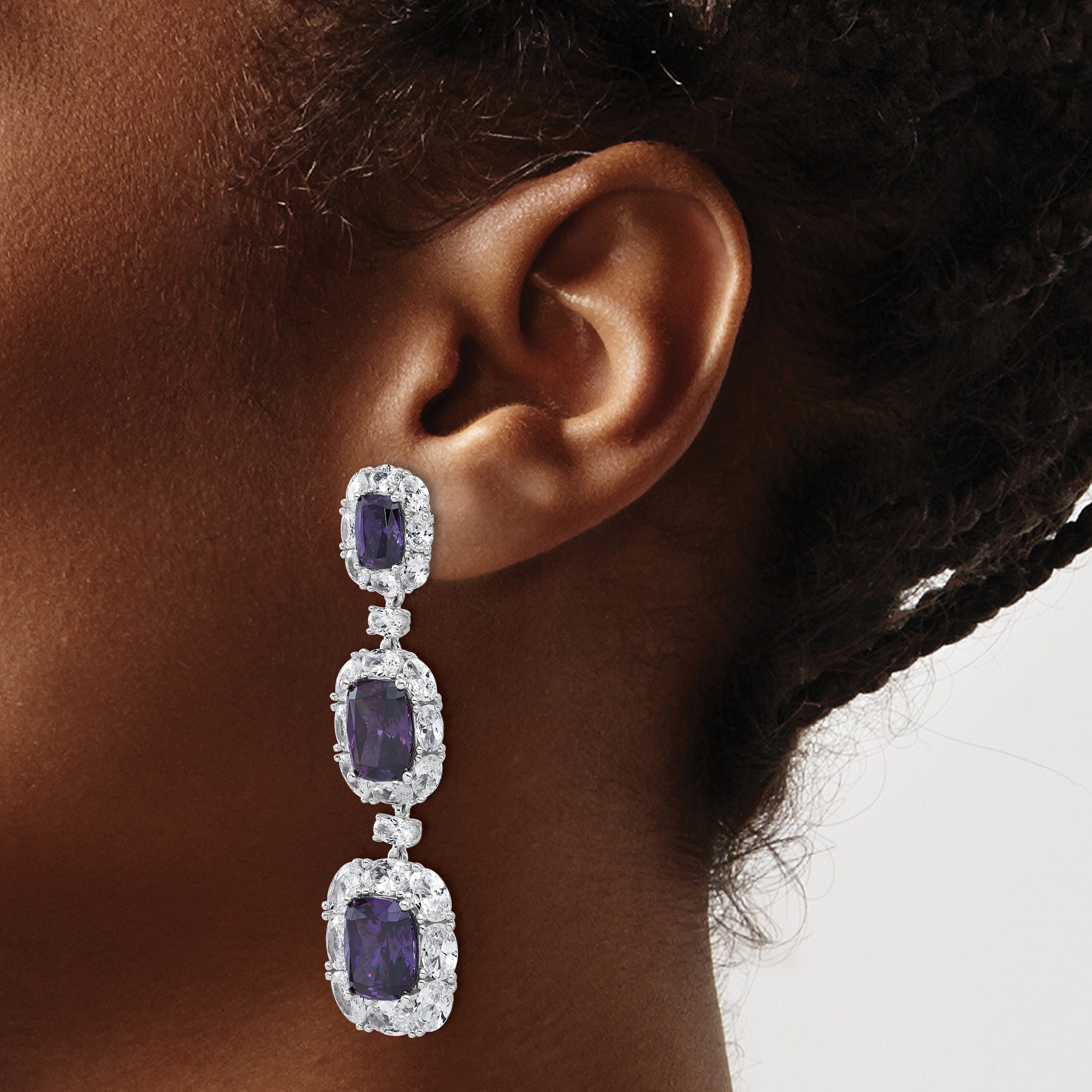 Cheryl M Sterling Silver Rhodium-plated Polished Fancy Purple and White CZ Halo Cluster Post Dangle Earrings