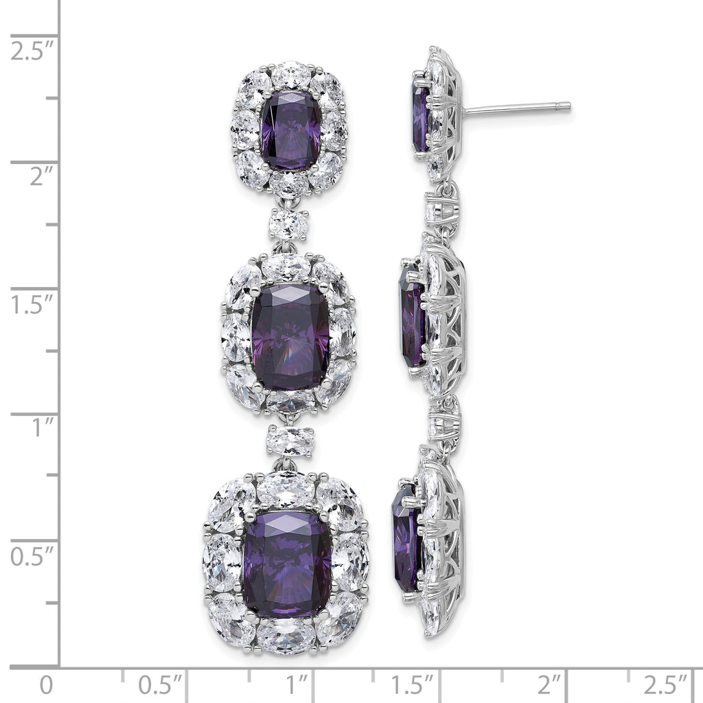 Cheryl M Sterling Silver Rhodium-plated Polished Fancy Purple and White CZ Halo Cluster Post Dangle Earrings