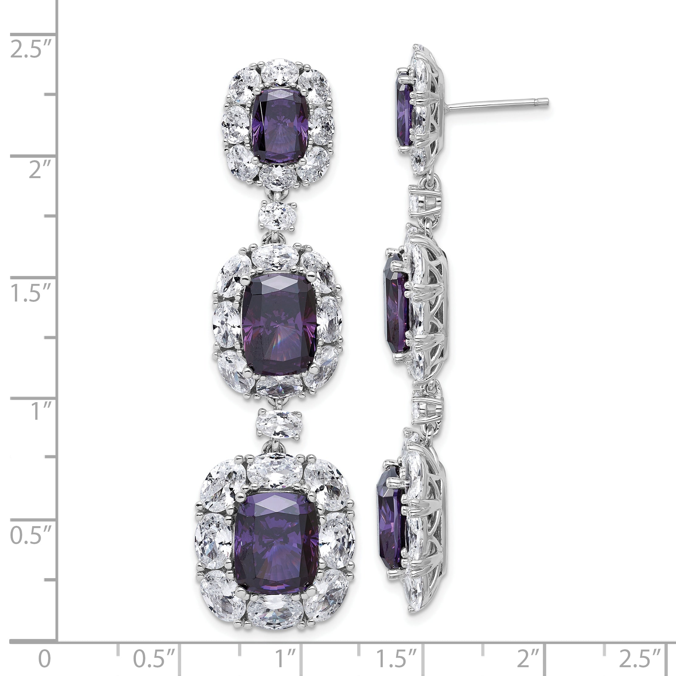 Cheryl M Sterling Silver Rhodium-plated Polished Fancy Purple and White CZ Halo Cluster Post Dangle Earrings