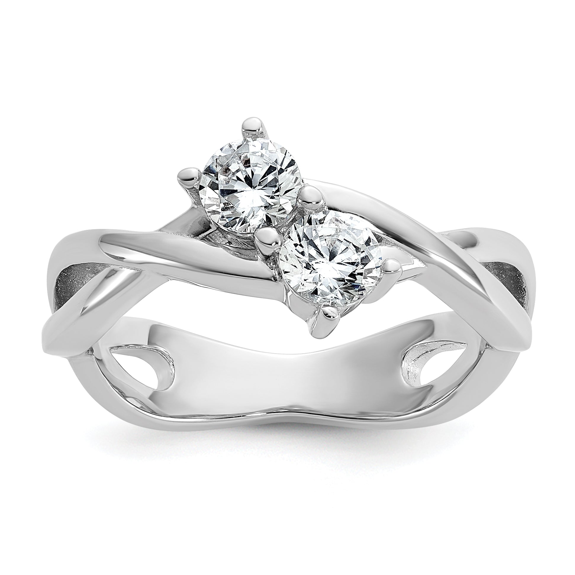 Cheryl M Sterling Silver Rhodium-plated Polished and Crisscross Two Stone CZ Ring Main image