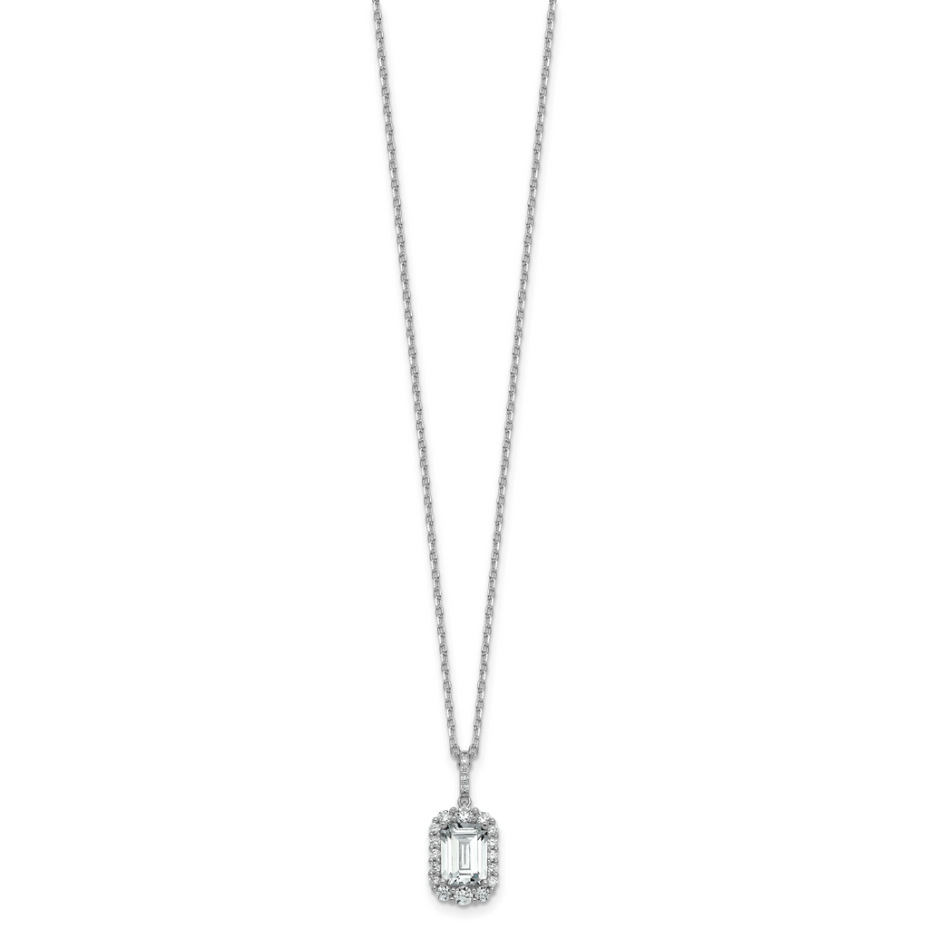 Cheryl M Sterling Silver Rhodium-plated Polished Fancy Emerald-cut CZ Halo with 2 Inch Extension Necklace