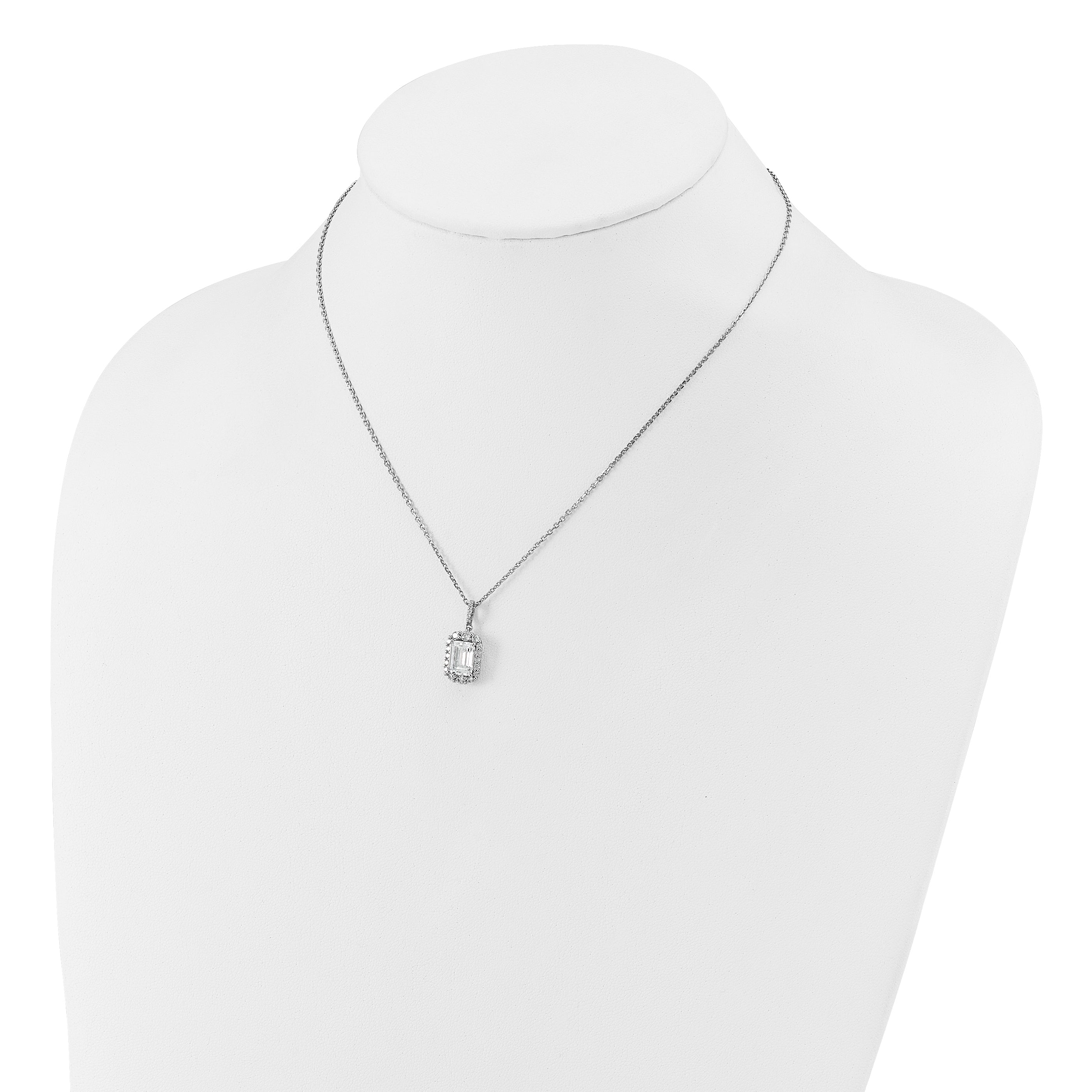 Cheryl M Sterling Silver Rhodium-plated Polished Fancy Emerald-cut CZ Halo with 2 Inch Extension Necklace