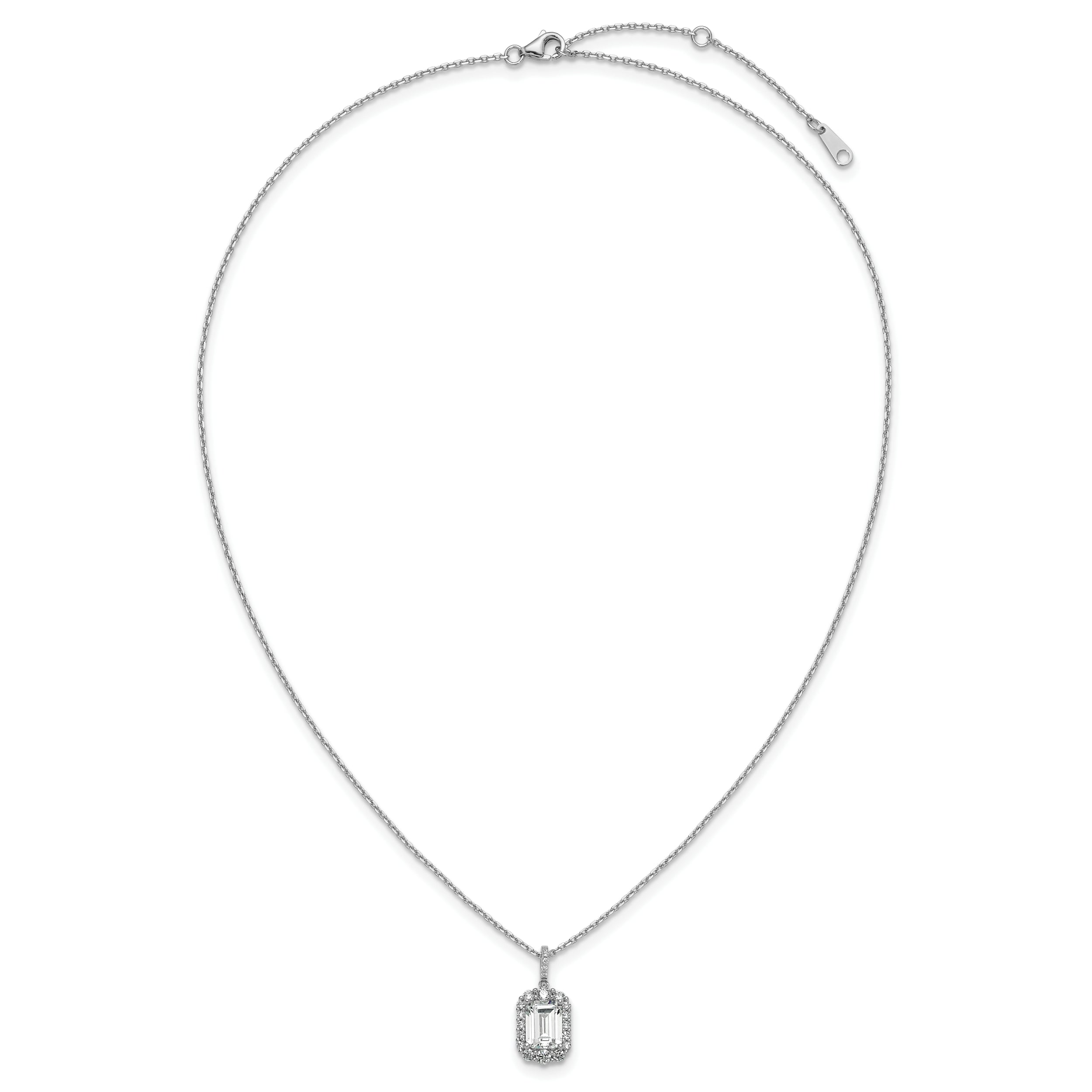 Cheryl M Sterling Silver Rhodium-plated Polished Fancy Emerald-cut CZ Halo with 2 Inch Extension Necklace