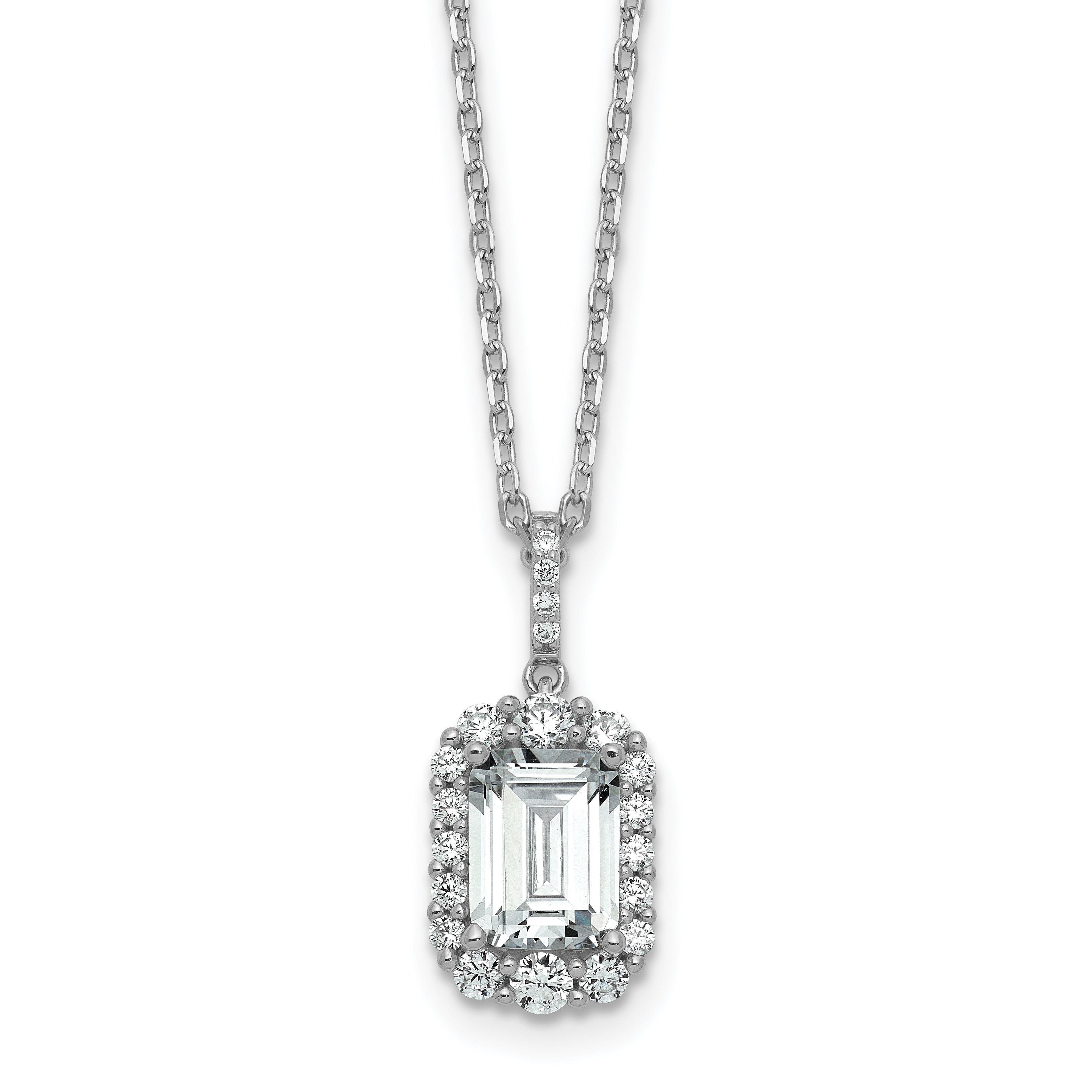 Cheryl M Sterling Silver Rhodium-plated Polished Fancy Emerald-cut CZ Halo with 2 Inch Extension Necklace