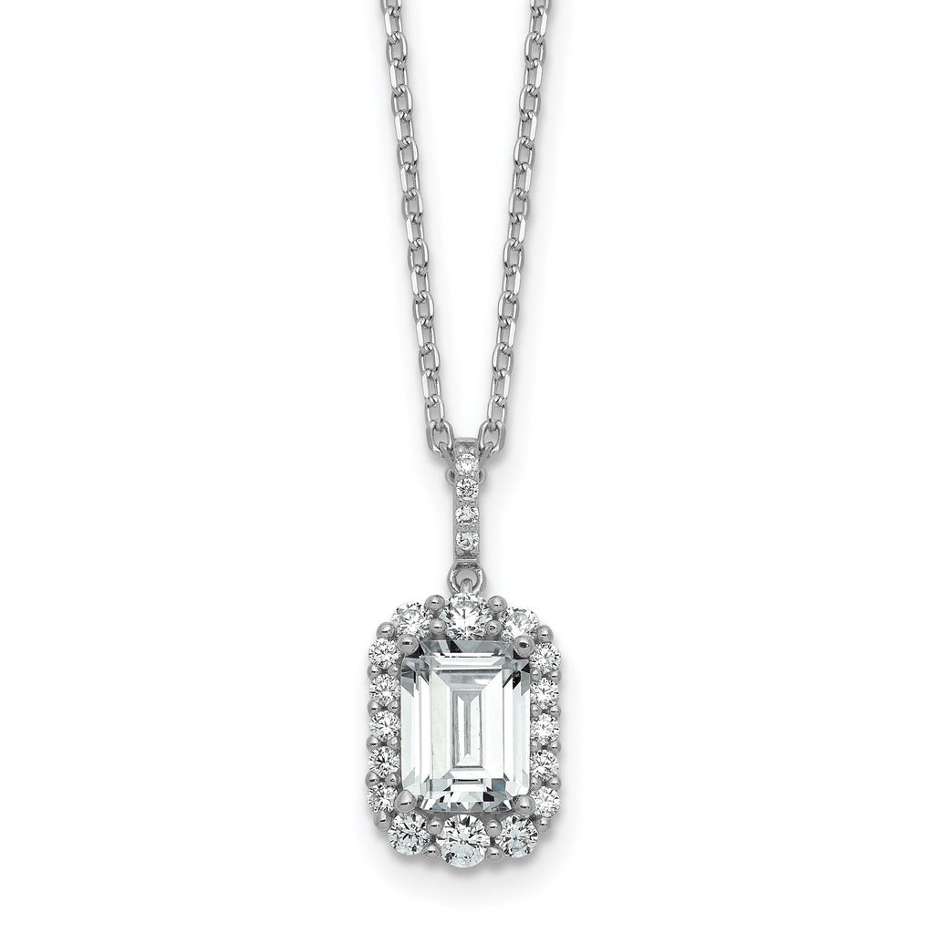 Cheryl M Sterling Silver Rhodium-plated Polished Fancy Emerald-cut CZ Halo with 2 Inch Extension Necklace