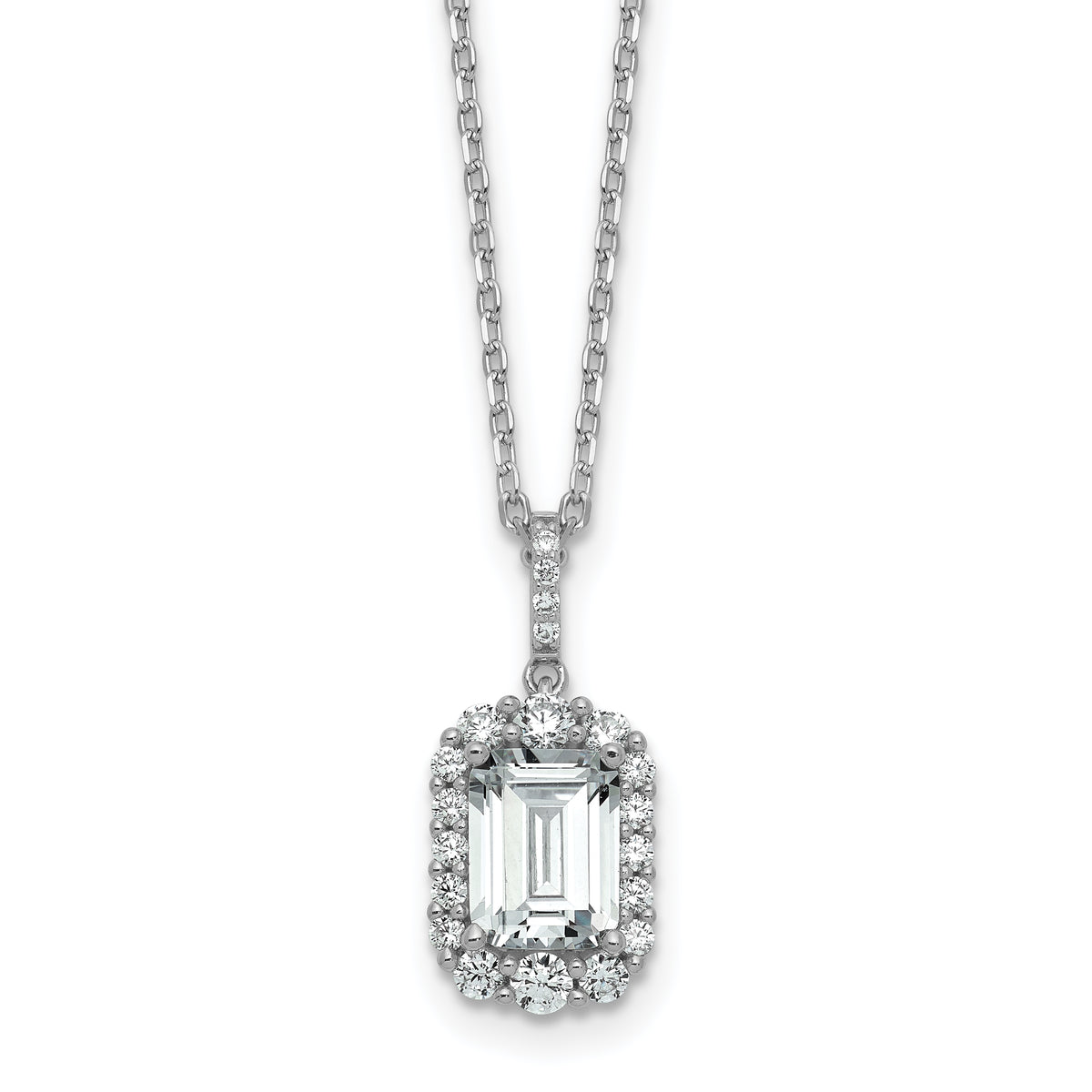 Cheryl M Sterling Silver Rhodium-plated Polished Fancy Emerald-cut CZ Halo with 2 Inch Extension Necklace