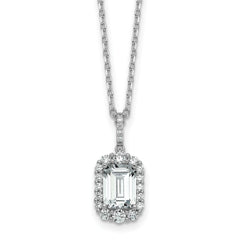 Cheryl M Sterling Silver Rhodium-plated Polished Fancy Emerald-cut CZ Halo with 2 Inch Extension Necklace