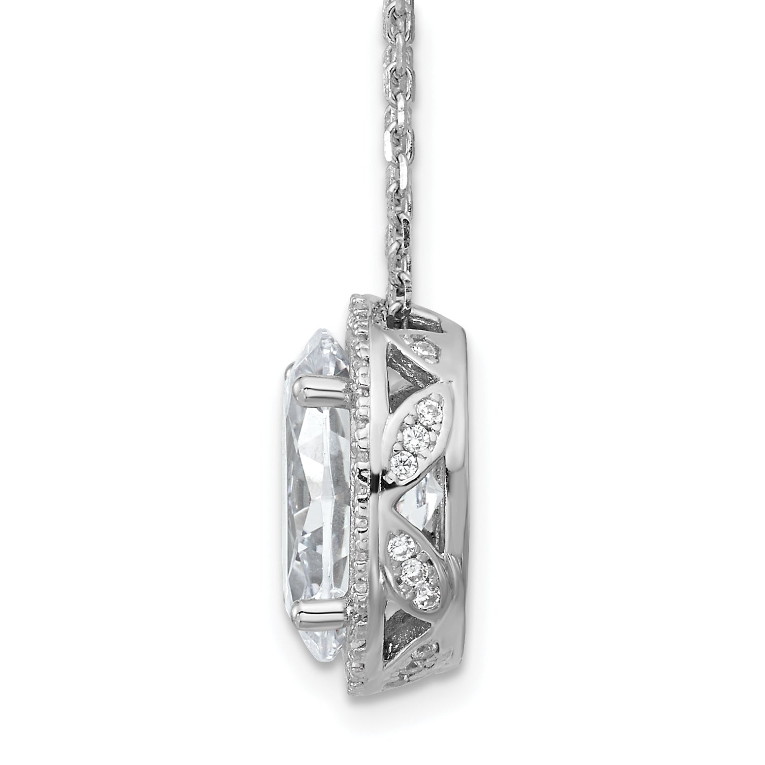 Cheryl M Sterling Silver Rhodium-plated Polished Fancy Oval CZ Halo with 2 Inch Extension Necklace