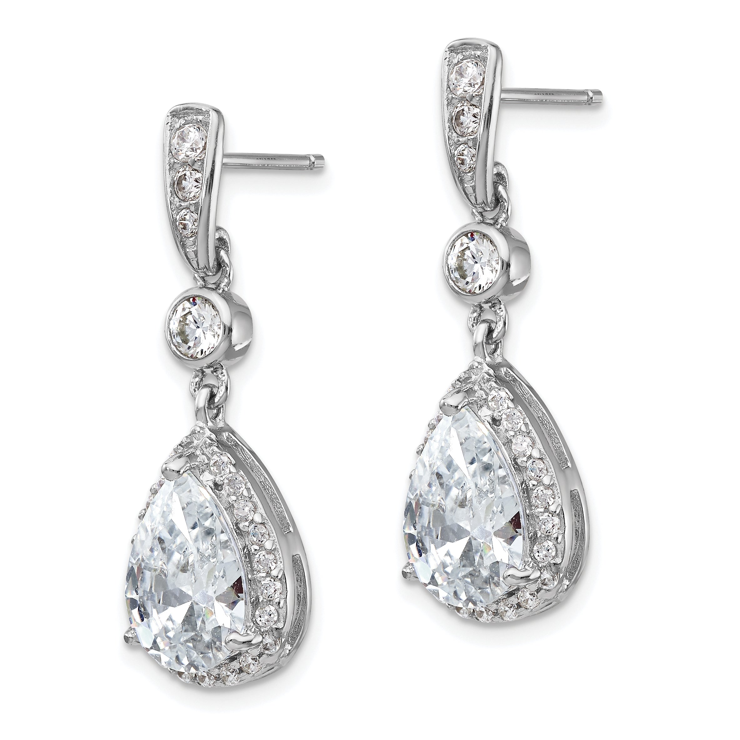 Cheryl M Sterling Silver Rhodium-plated Brilliant-cut CZ Teardrop and Bezel Halo Post Dangle Earrings Secondary image