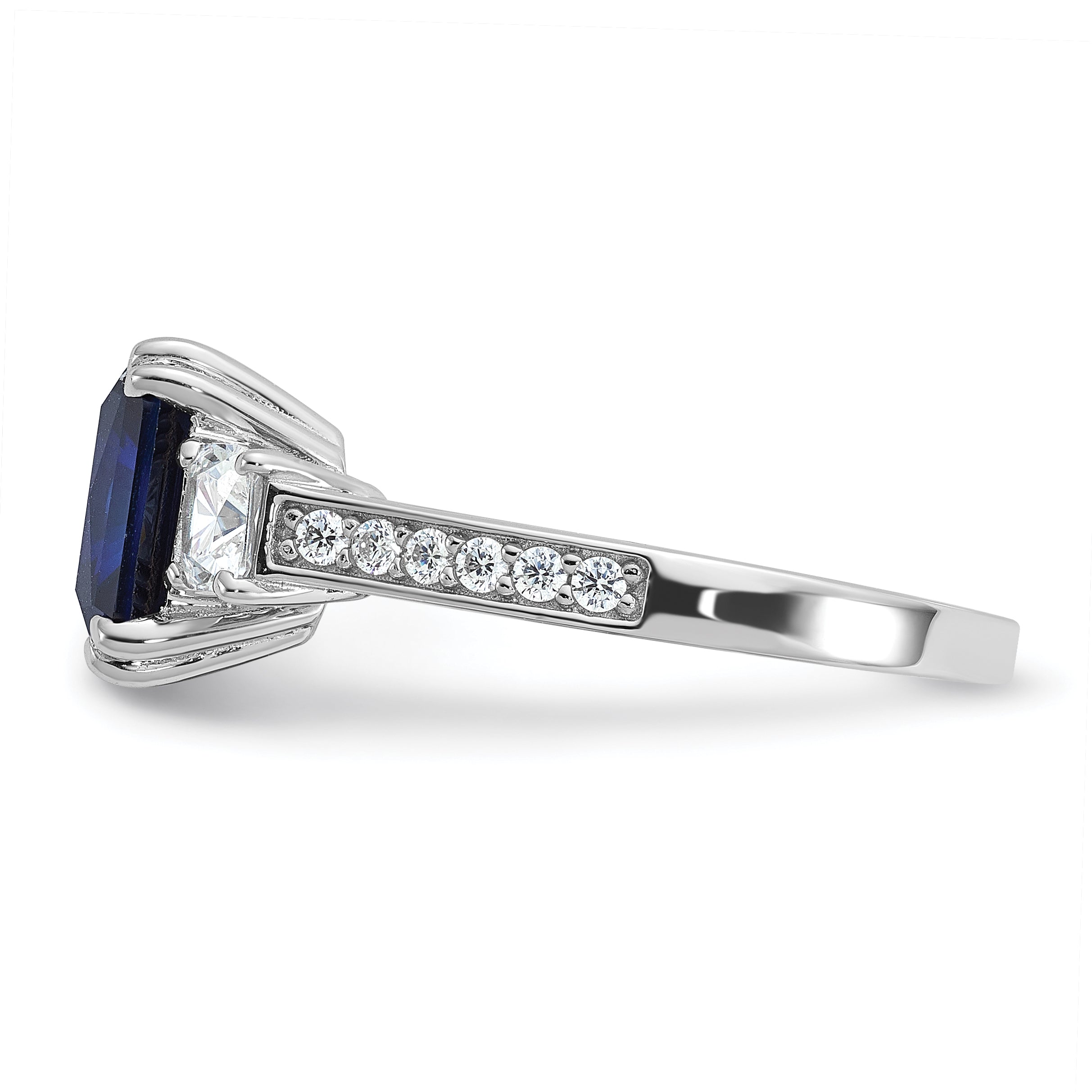 Cheryl M Sterling Silver Rhodium-plated Polished Fancy Blue and White CZ 3-Stone Ring