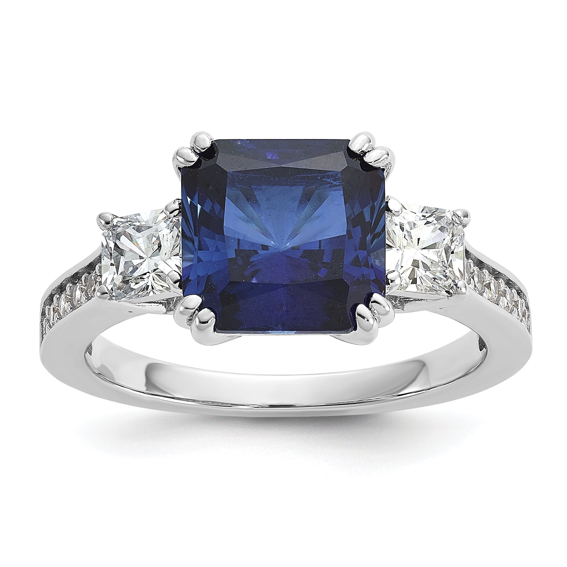 Cheryl M Sterling Silver Rhodium-plated Polished Fancy Blue and White CZ 3-Stone Ring Main image