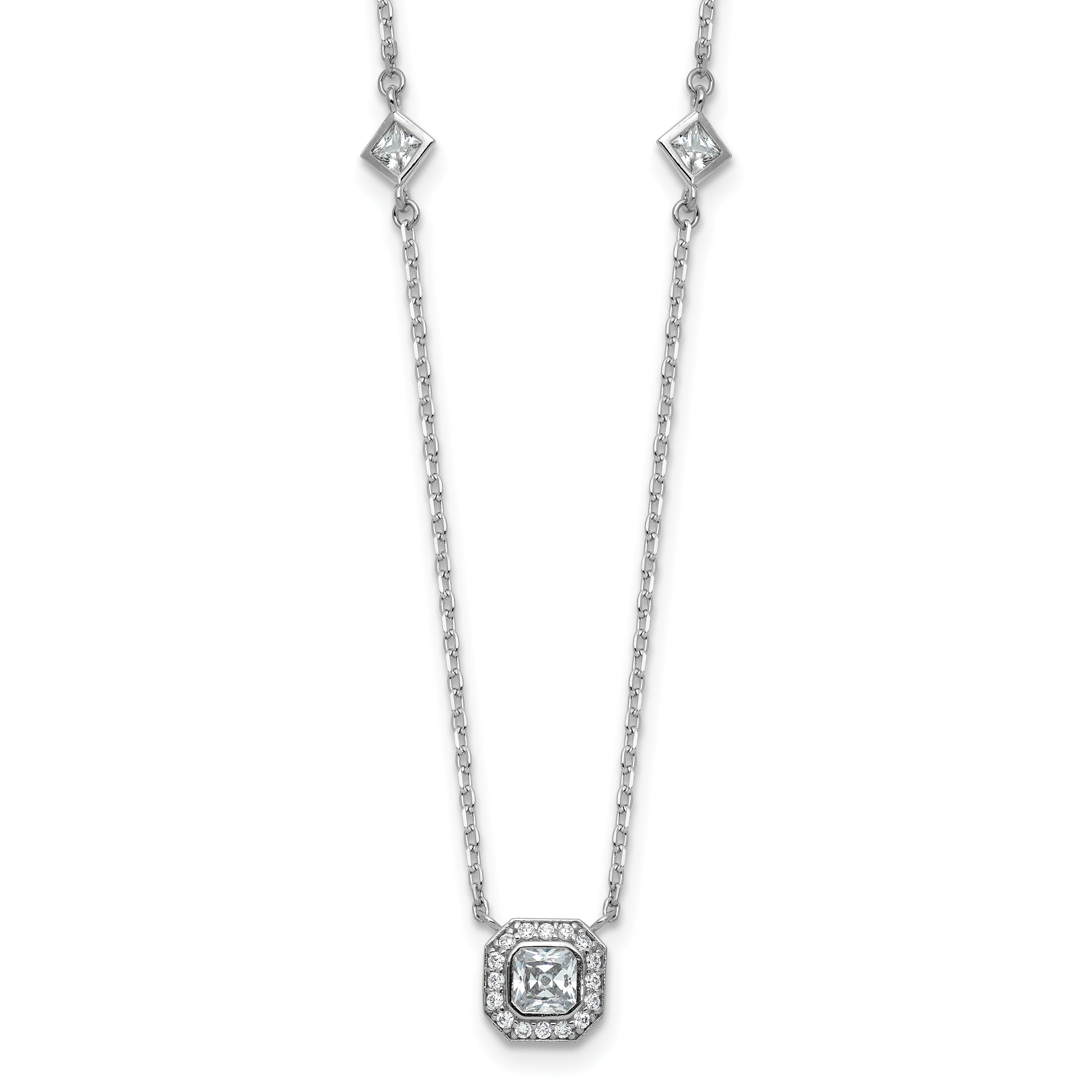 Cheryl M Sterling Silver Rhodium-plated Polished Fancy CZ Station with 2 Inch Extension Necklace