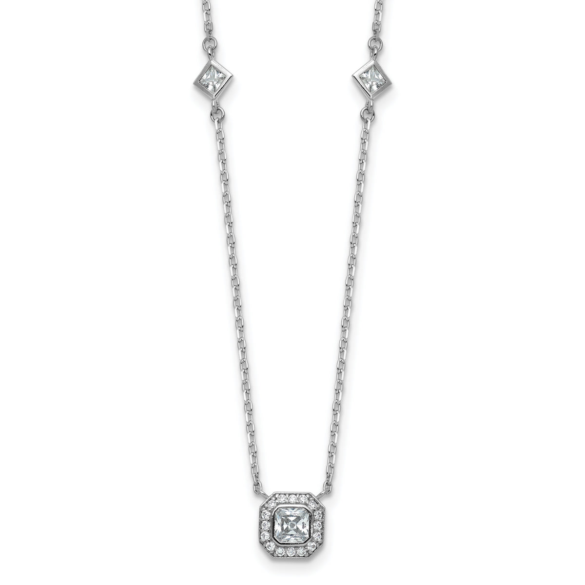 Cheryl M Sterling Silver Rhodium-plated Polished Fancy CZ Station with 2 Inch Extension Necklace