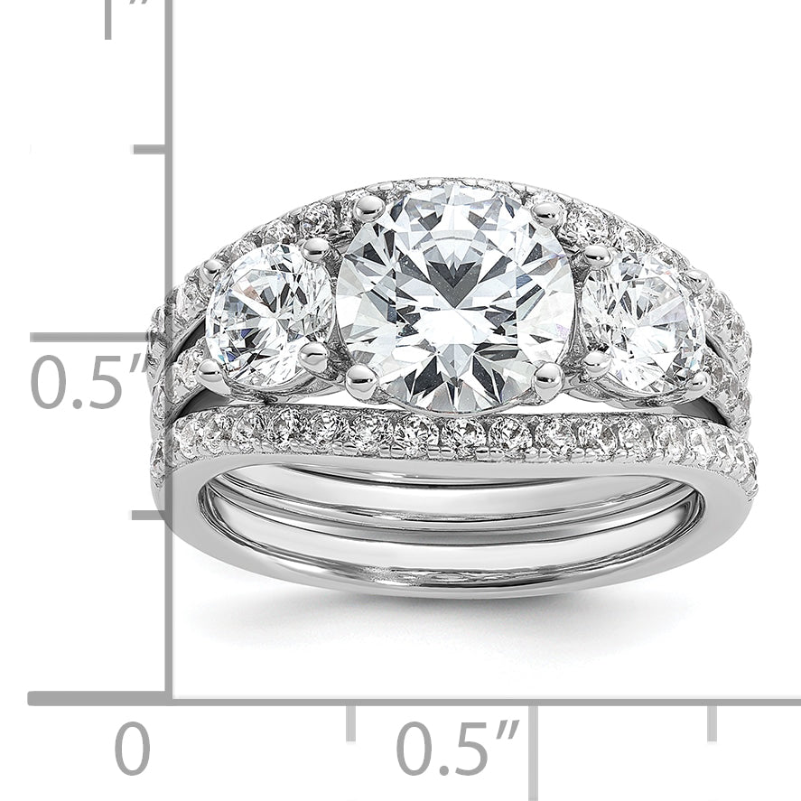 Cheryl M Sterling Silver Rhodium-plated Polished 3-Stone CZ Ring with 2 Bands Ring Set