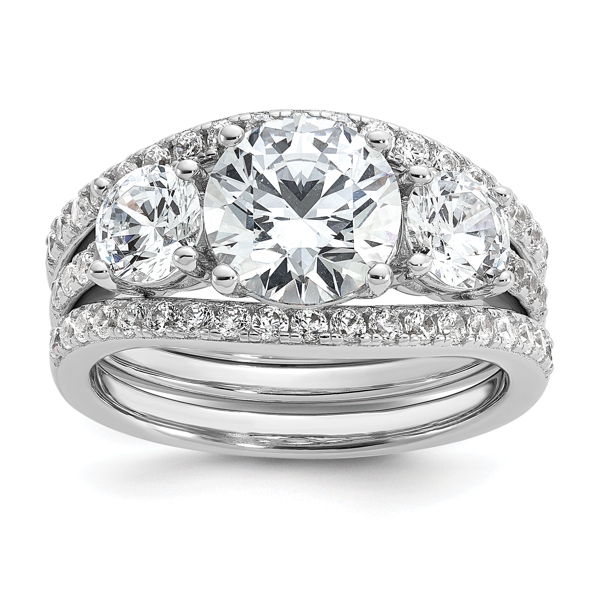 Cheryl M Sterling Silver Rhodium-plated Polished 3-Stone CZ Ring with 2 Bands Ring Set Main image