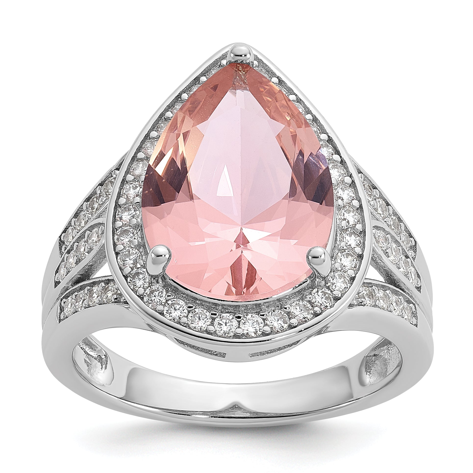 Cheryl M Sterling Silver Rhodium-plated Polished Pink Nano Crystal and CZ Teardrop Halo Ring Main image