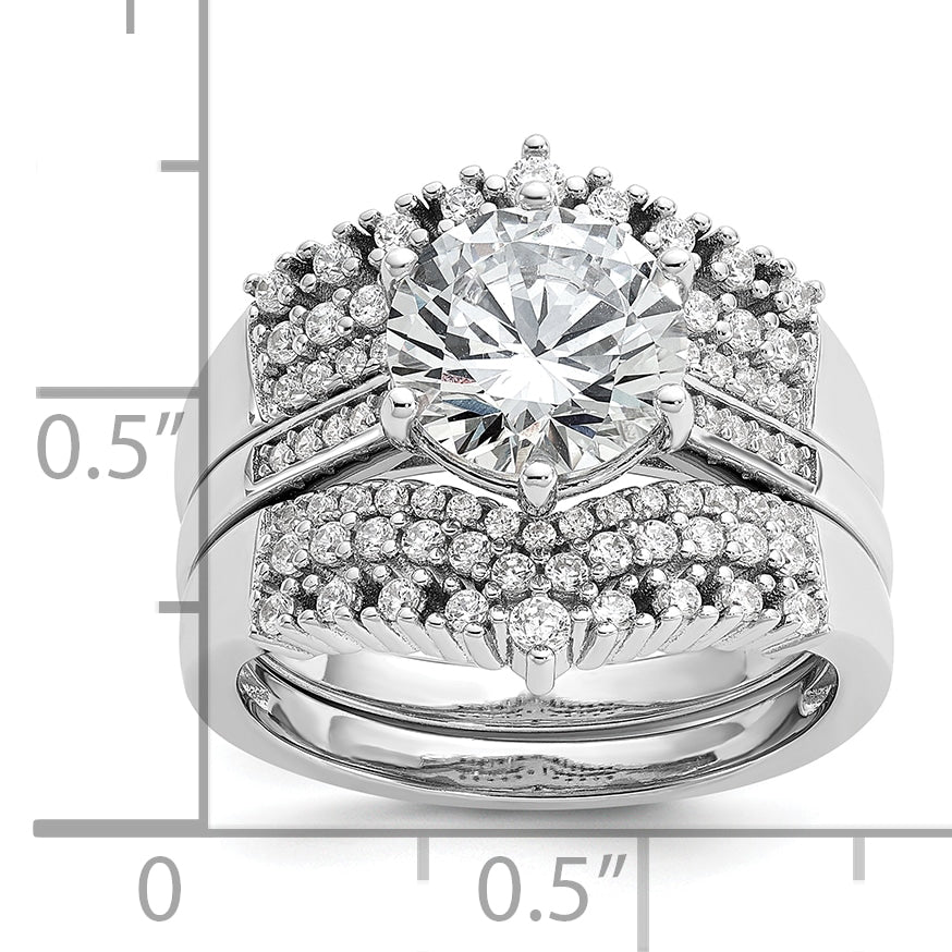 Cheryl M Sterling Silver Rhodium-plated Polished Fancy CZ with Two 3-Row Bands Ring Set