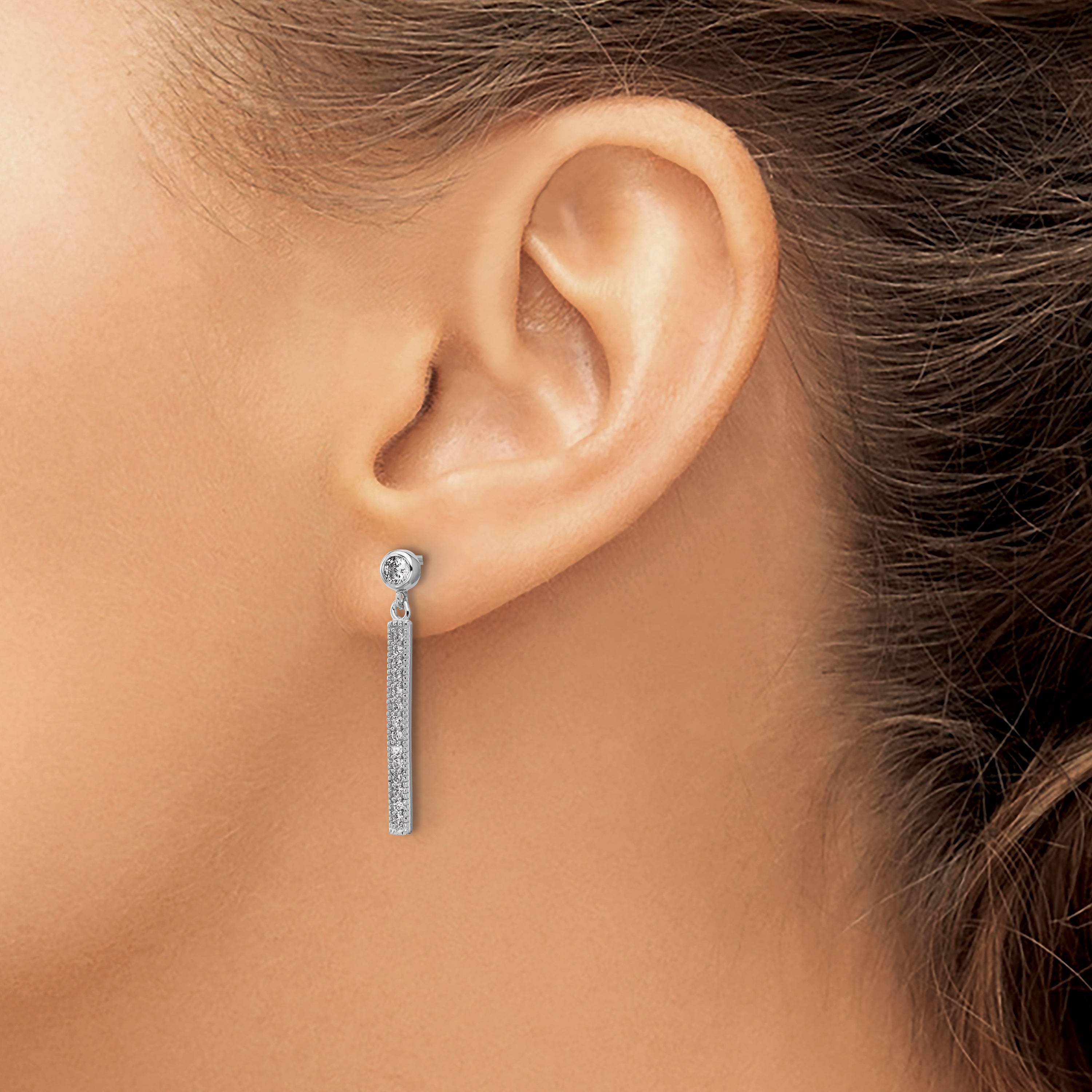 Cheryl M Sterling Silver Rhodium-plated Polished CZ Bar Post Dangle Earrings