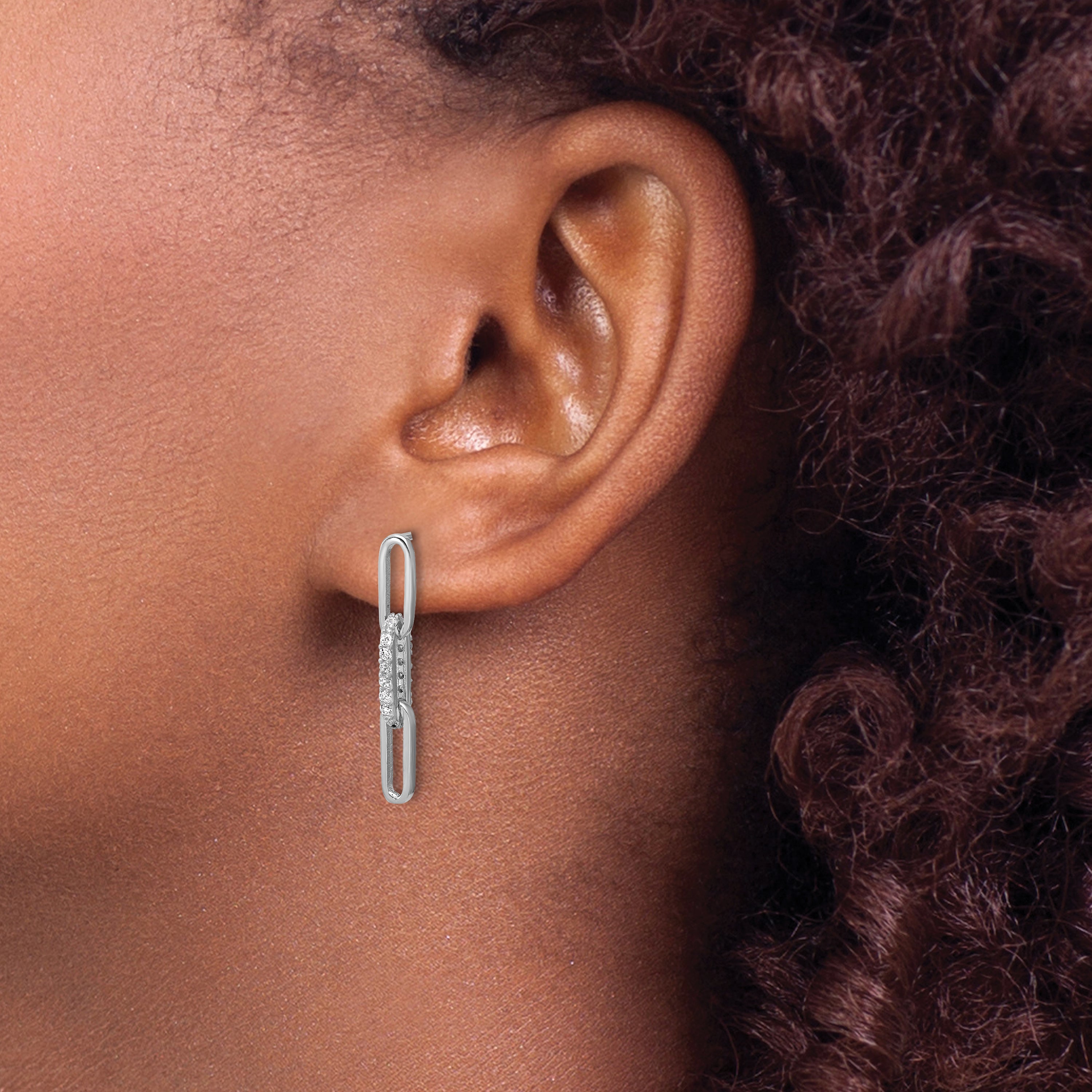 Cheryl M Sterling Silver Rhodium-plated Polished CZ Paperclip Link Post Dangle Earrings