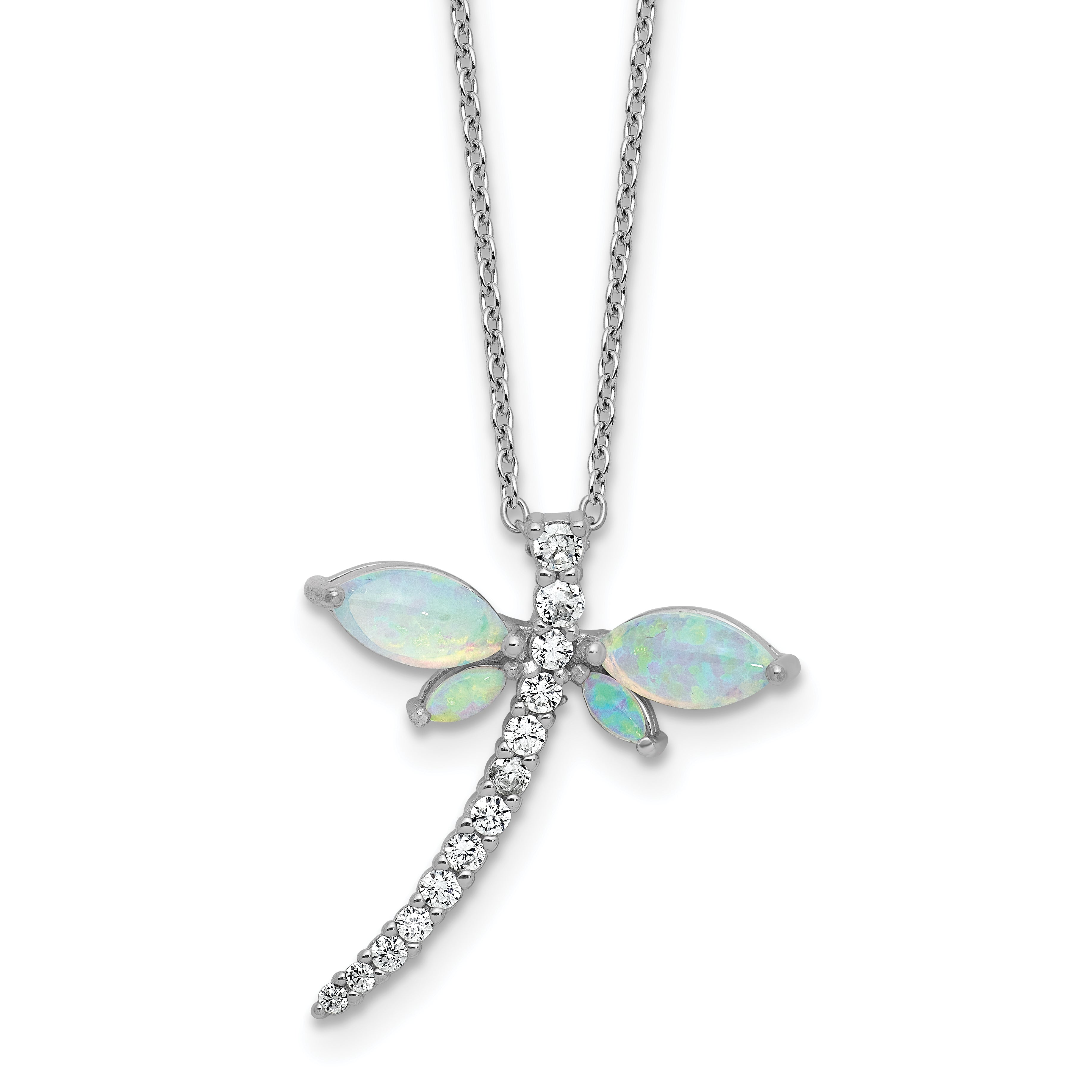 Cheryl M Sterling Silver Rhodium-plated Polished Lab Created Opal and CZ Dragonfly with 2 Inch Extension Necklace Main image