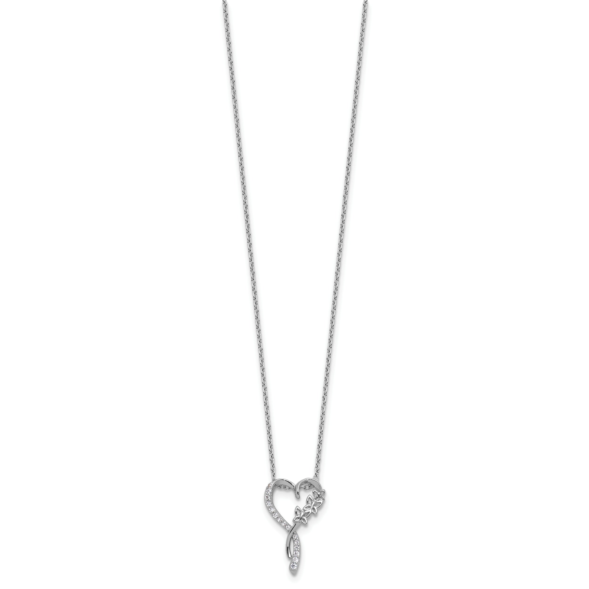 Cheryl M Sterling Silver Rhodium-plated Polished CZ Butterflies Heart with 2 Inch Extension Necklace